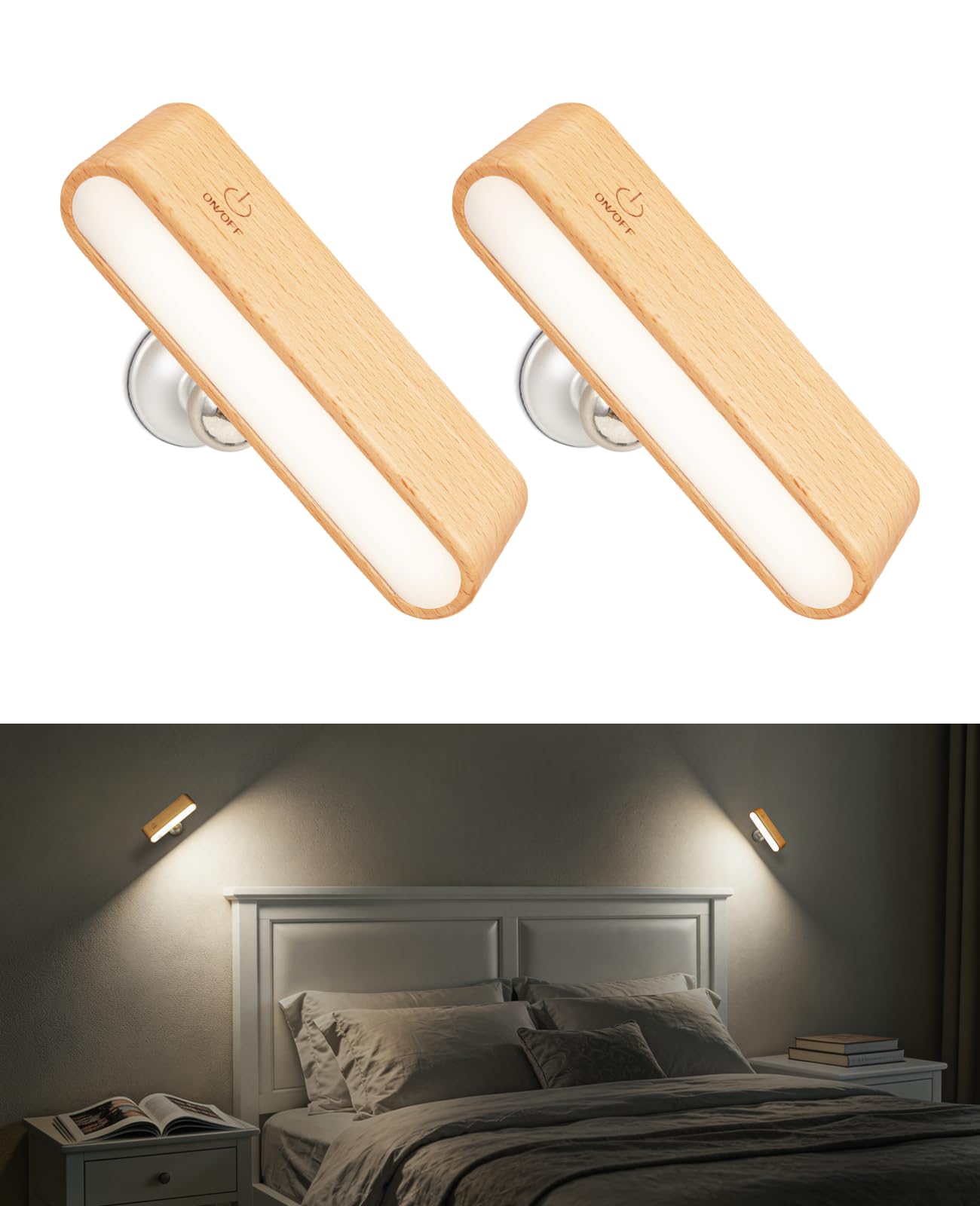 Wood Battery Operated Wall Sconces Set of Two, Magnetic Mini Wall Lights with 360 Rotation and Adjustable Brightness, Stick-On M