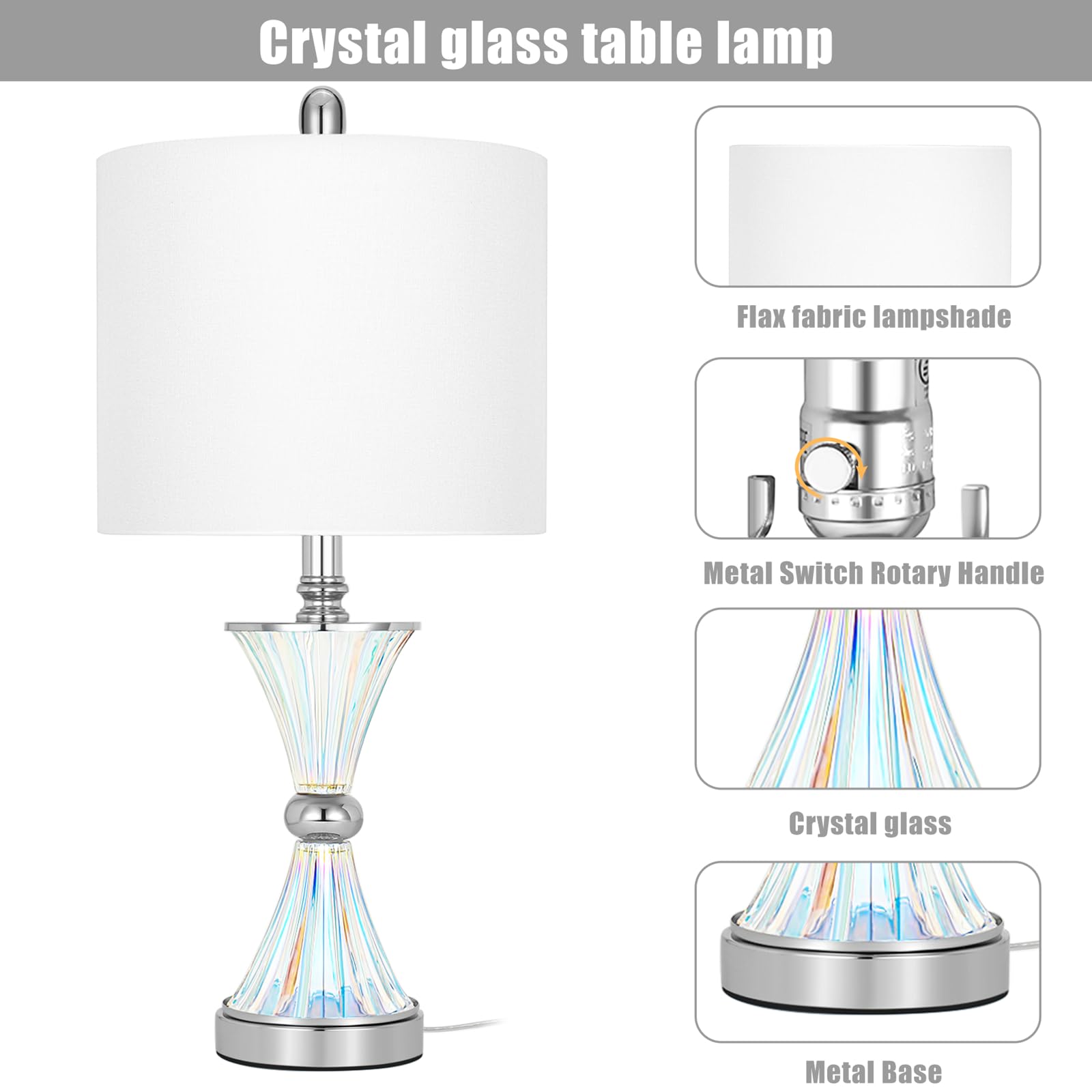 Tpamswo Crystal Glass Table Lamps Set Of 2, Modern 24.5   High Crystal Bedside Lamps, For Bedroom Living Room Home Office Desk N