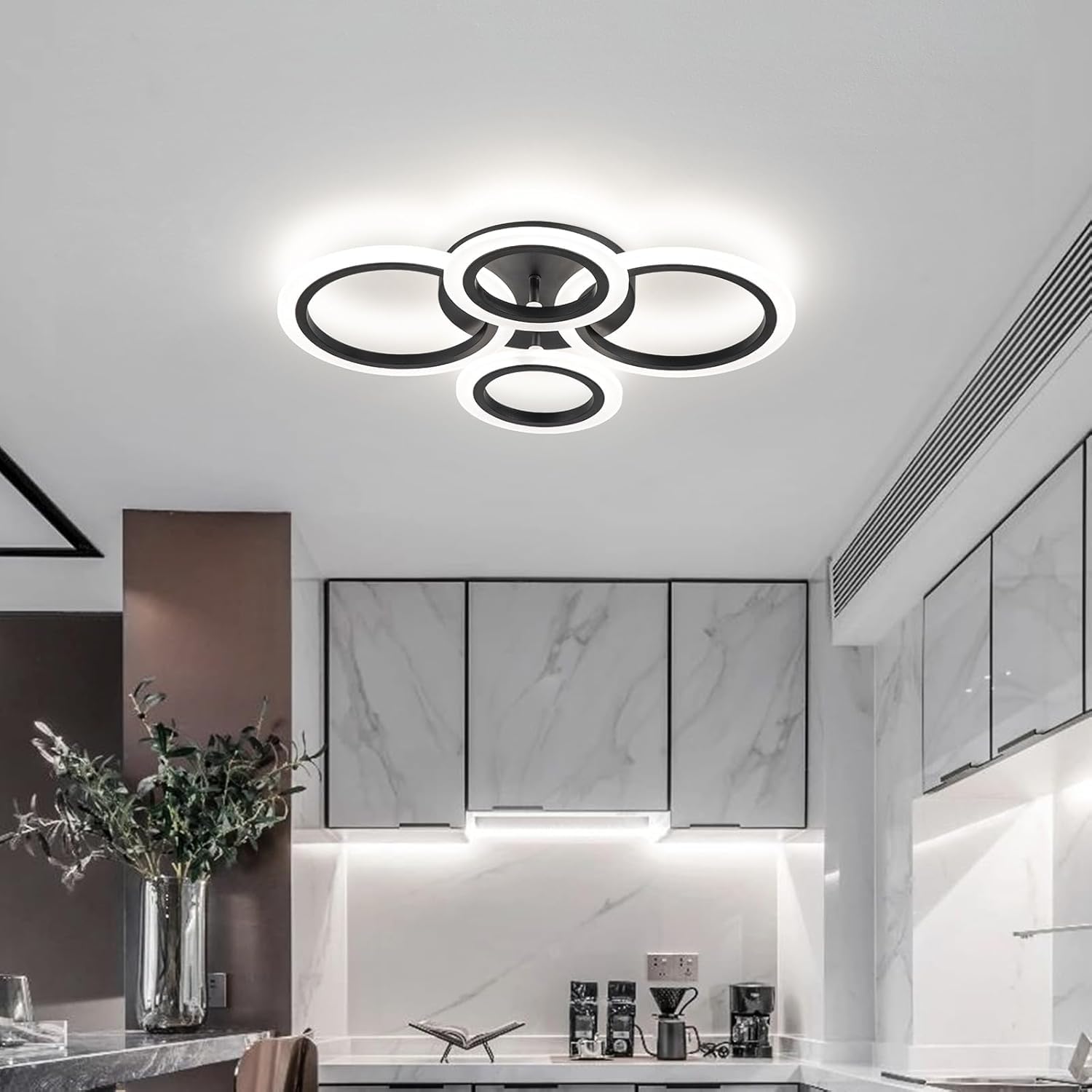 Shine Luest 34W Modern Led Ceiling Light, 3000K-6000K Dimmable Ceiling Lighting Fixtures Ceiling Mount 4 Rings Black Flush Mount