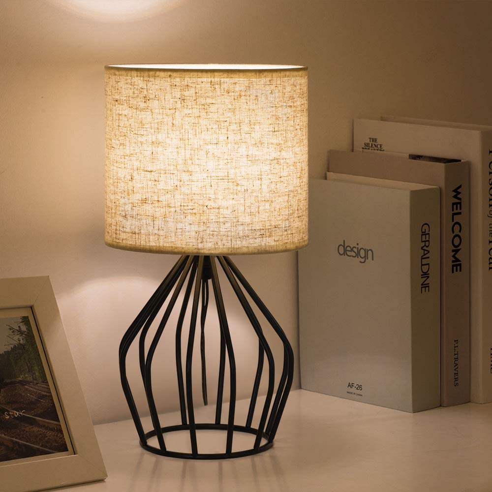 HAITRAL Black Modern Table Lamp - Minimalist Design, 13.8" x 7.1", Linen Shade, Vintage Nightstand Lamp for Bedroom & Living Room