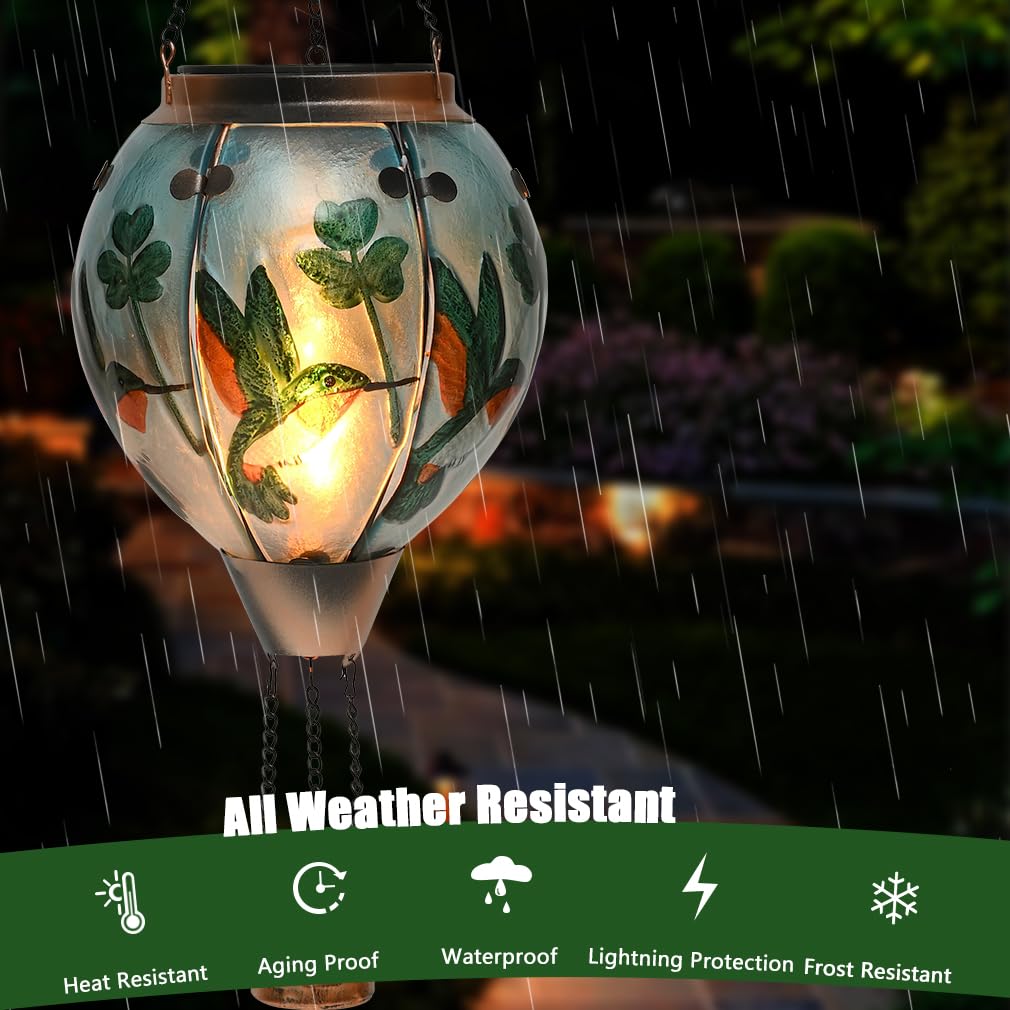 Hot Air Balloon Solar Lantern - Hummingbird Glass Lantern  Simulated Flickering & Dancing Flame  Outdoor Hanging Shamrock Yard Light Waterproof Ip65 For Patio Lawn Porch Decor Irish Gift