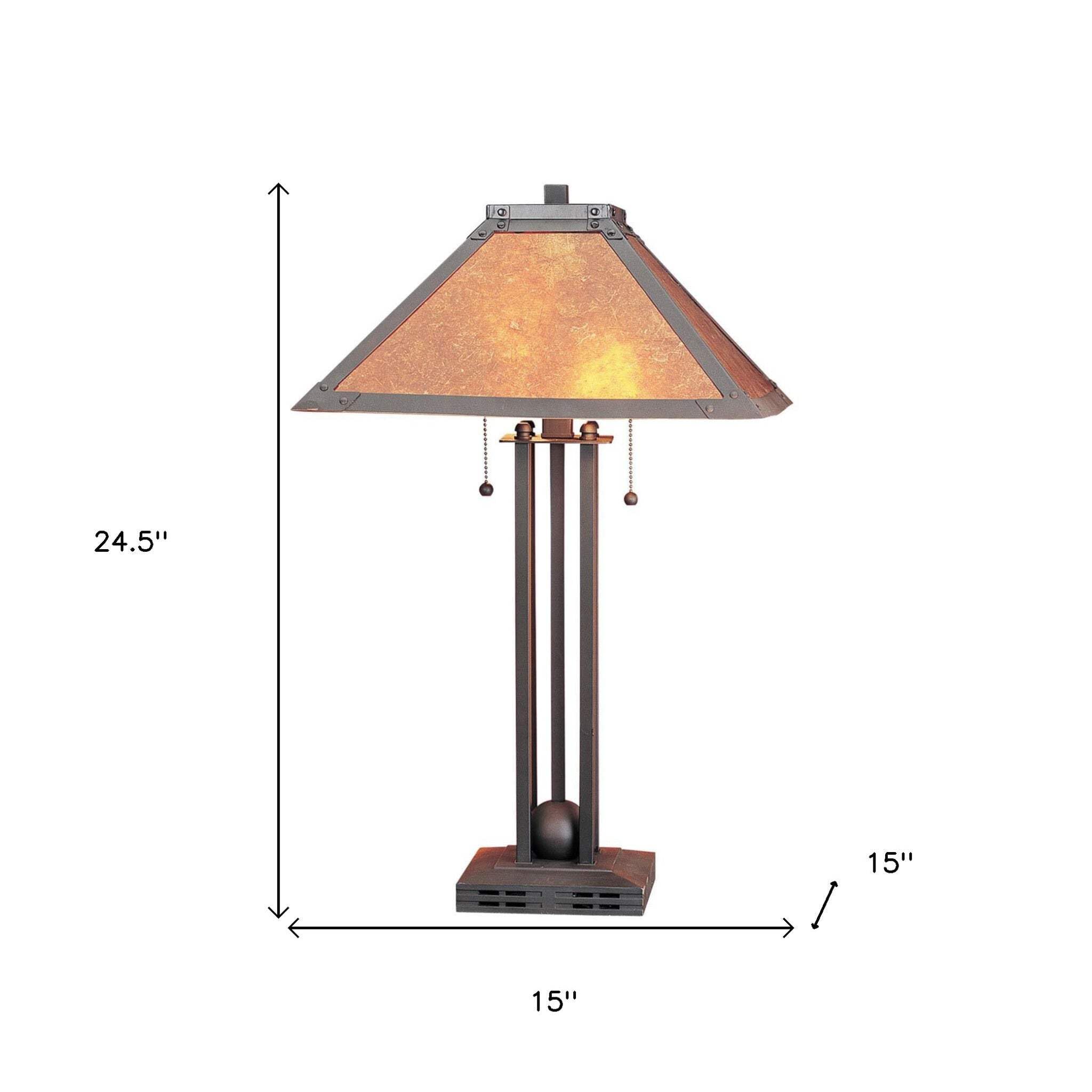 HomeRoots Two Light Table Lamp, Rust Metal, Amber Square Shade, Model 524680, 25 in.