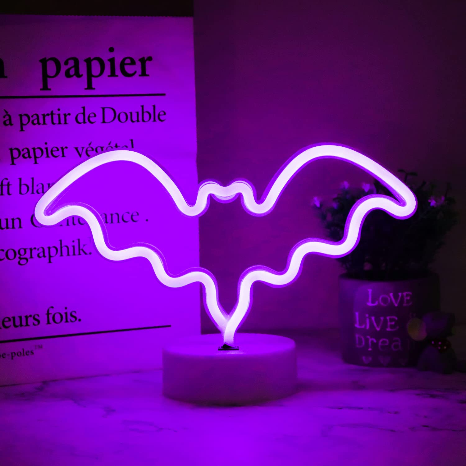 Vicila LED Neon Bat Light, Purple, Battery Operated Desk Lamp for Bedroom, Bar, Halloween Decor