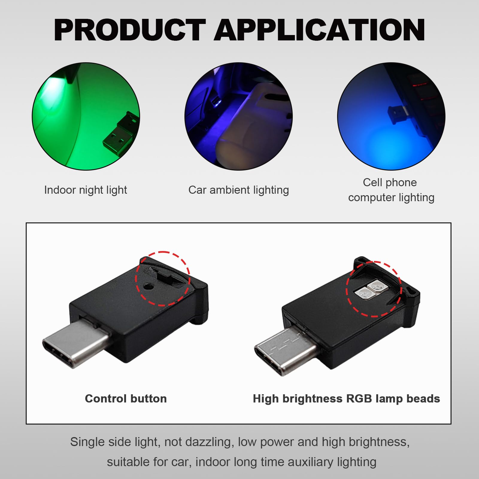 DXNQ USB Type C LED Ambient Light - 2PCS RGB Car Interior Decor, Adjustable Brightness, ABS Material, Mini Night Light