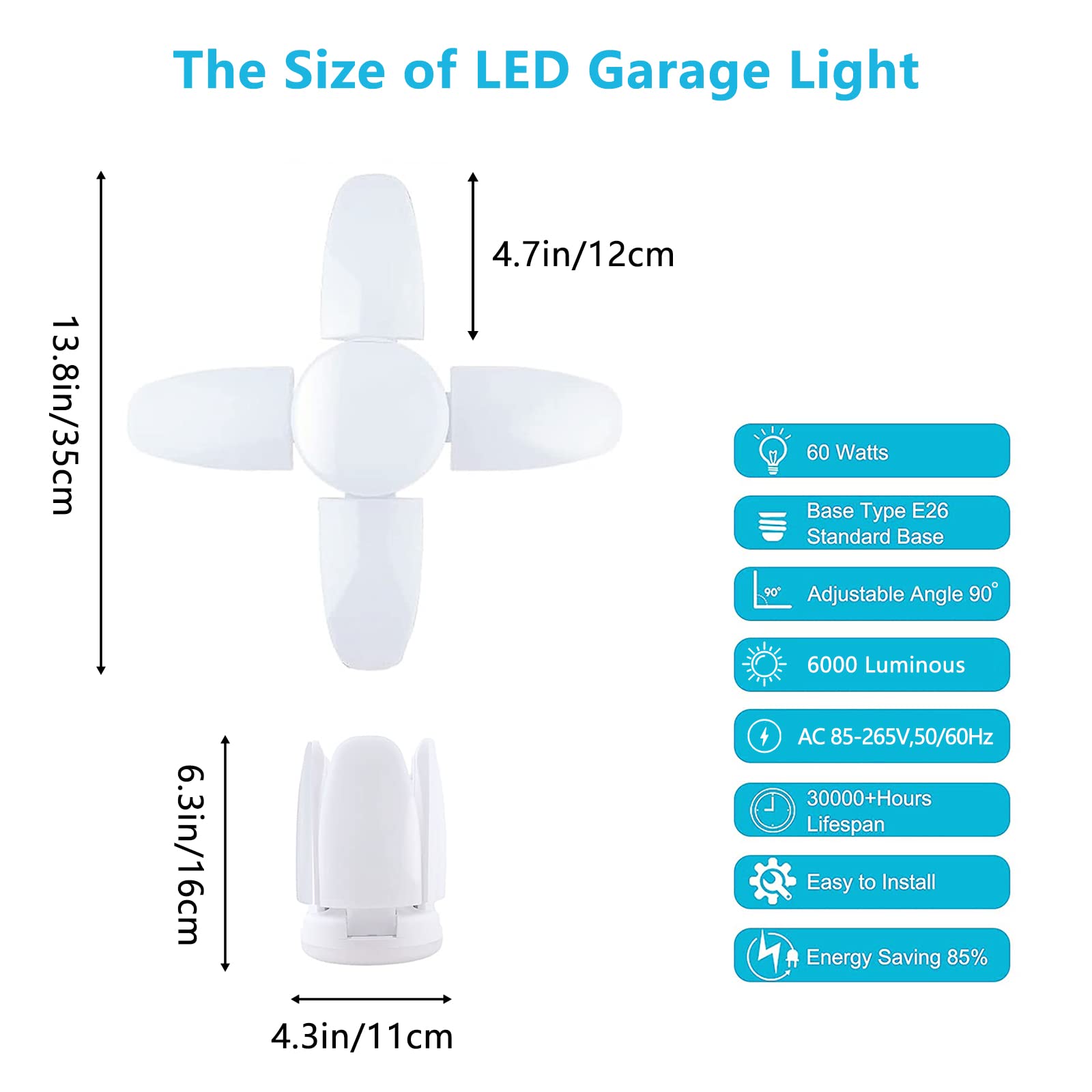 4 Pack Led Garage Lights, 6000 Lumens Garage Celling Light, 60W E26 Led Shop Lights With 4 Foldable Panels, 6000K Daylight Deformable Lamp For Garage, Basement, Warehouse, Workshop