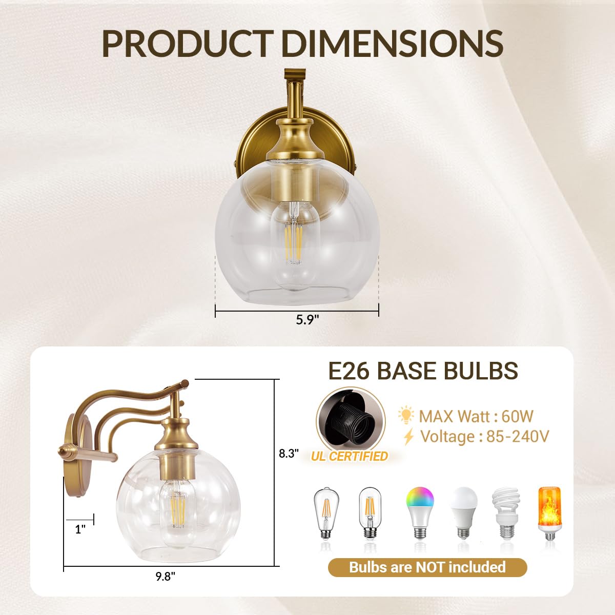 ANDY STAR Brushed Gold Bathroom Light Fixture, 1-Light Wall Sconce with Clear Globe Shade, Metal Vanity Lighting for Home