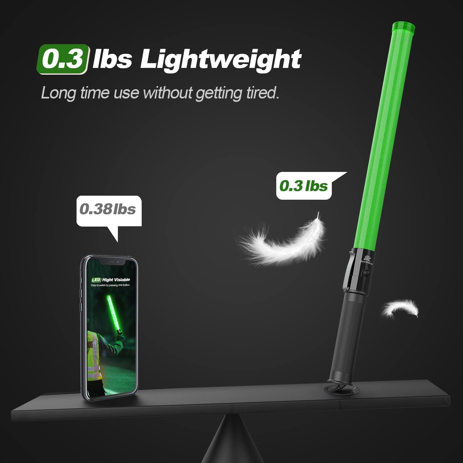 Roadhero 2 Pack 21Inch Traffic Wands, Green Led Traffic Control Baton, Night Safety Light Wand With 2 Flashing Modes, Air Marshaling Signal Wand With Side Clip For Airport, Parking, Car Directing