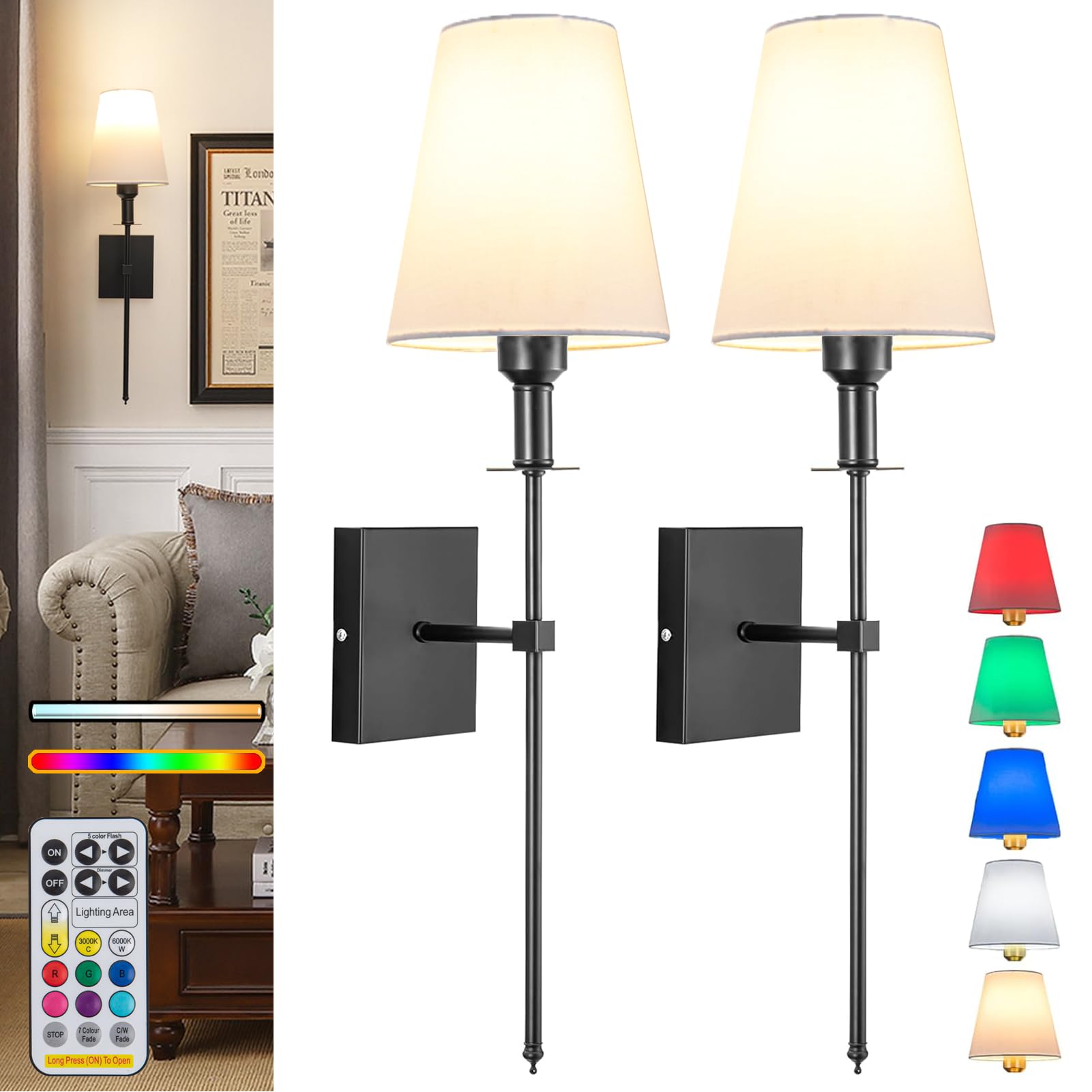 Wall Lights Battery Operated Wall Sconces Set Of 2, Black Rechargeable Wall Light With Wireless Remote Dimmable,12 Colors Modes