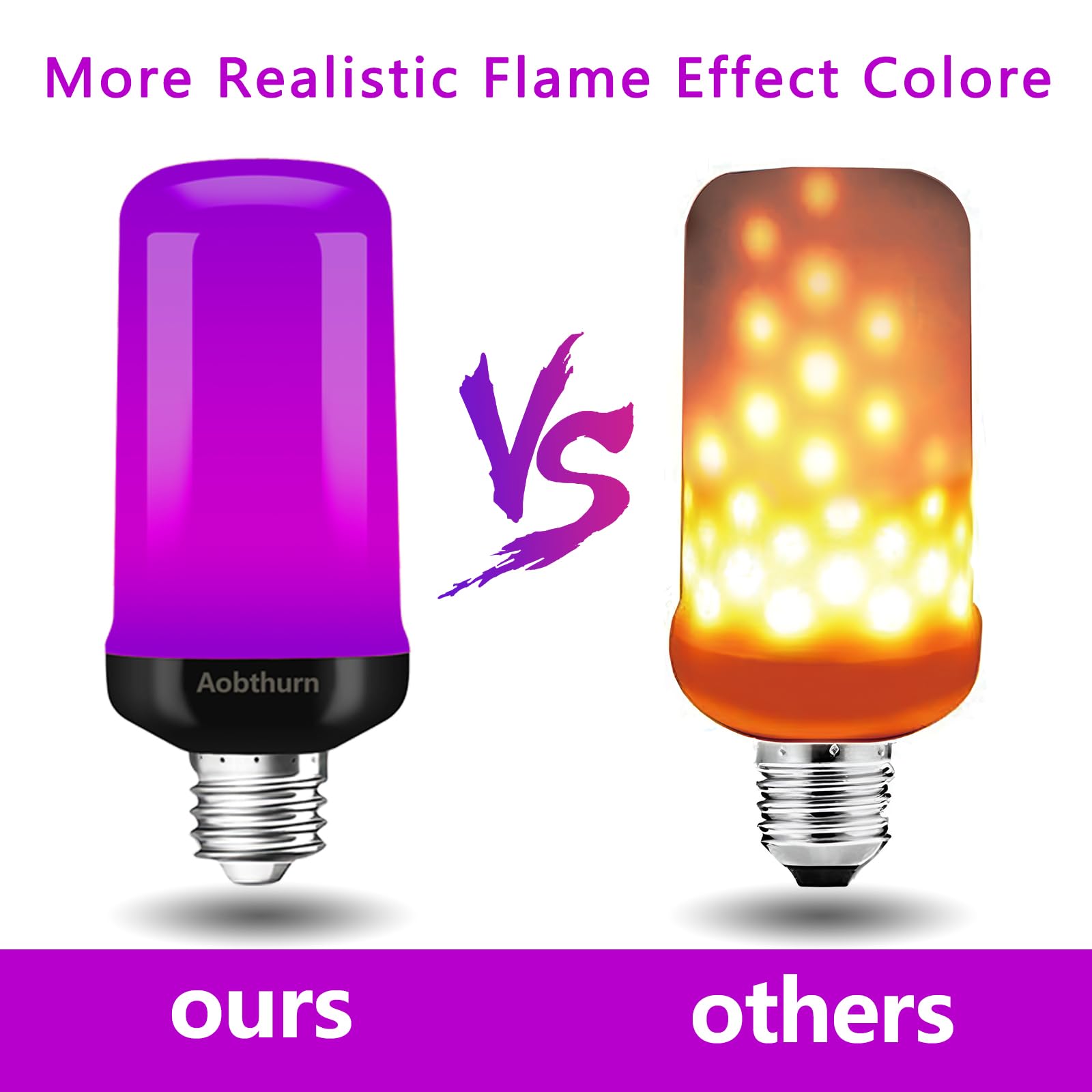 aobthurn LED Flame Light Bulbs, 4 Modes Flickering Effect, E26 Base, Gravity Sensor, Purple-2 Pack, Model AF240301A