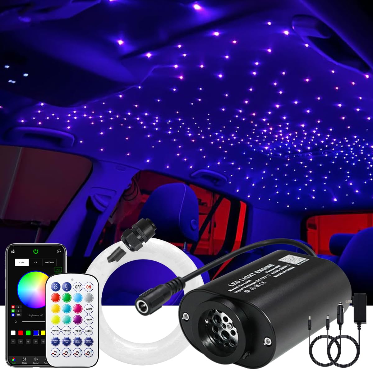 AKEPO Mini Size 6W Twinkle Fiber Optic Starlight Headliner Kits, Mixed 375pcs 9.8ft/3m Optical Fiber Music Activated APP Control