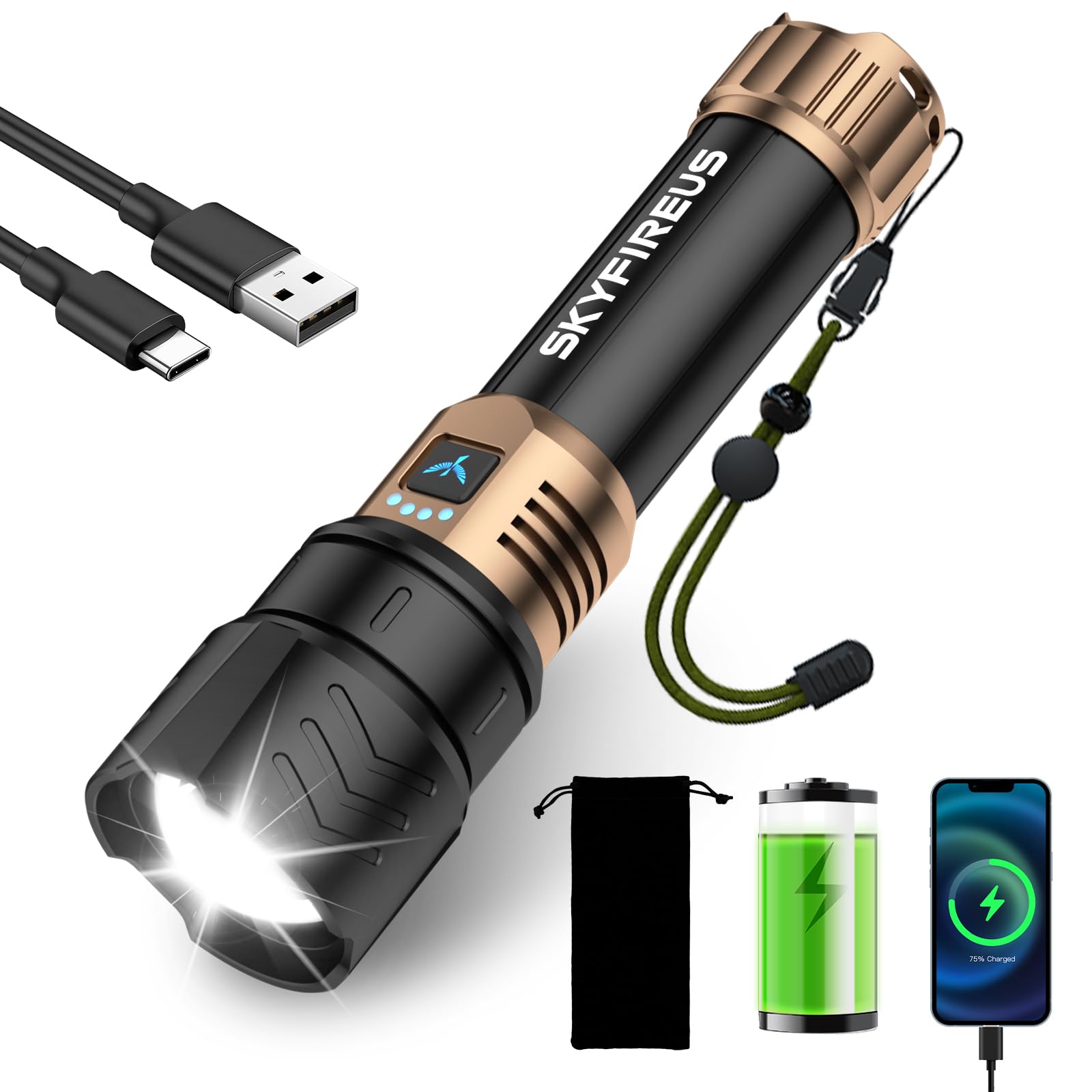 SKYFIRE LED Flashlight High Lumens,Super Bright Rechargeable Flashlight,Zoomable,Four Modes,Powerbank Waterproof Flash Light for