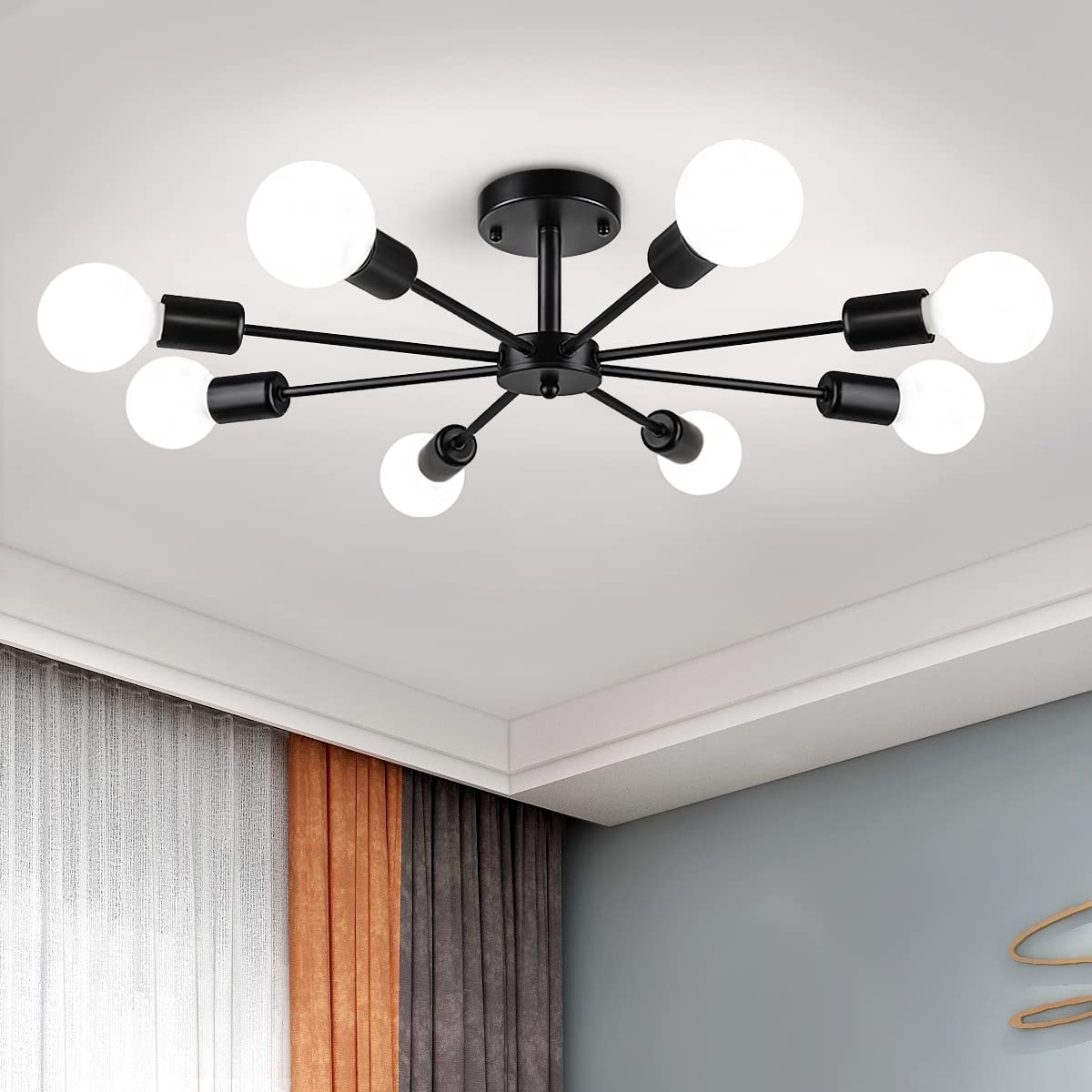 ZSMIHDOH 8-Light Semi Flush Mount Chandelier, Modern Black Sputnik Ceiling Light for Living Room, Bedroom, Kitchen
