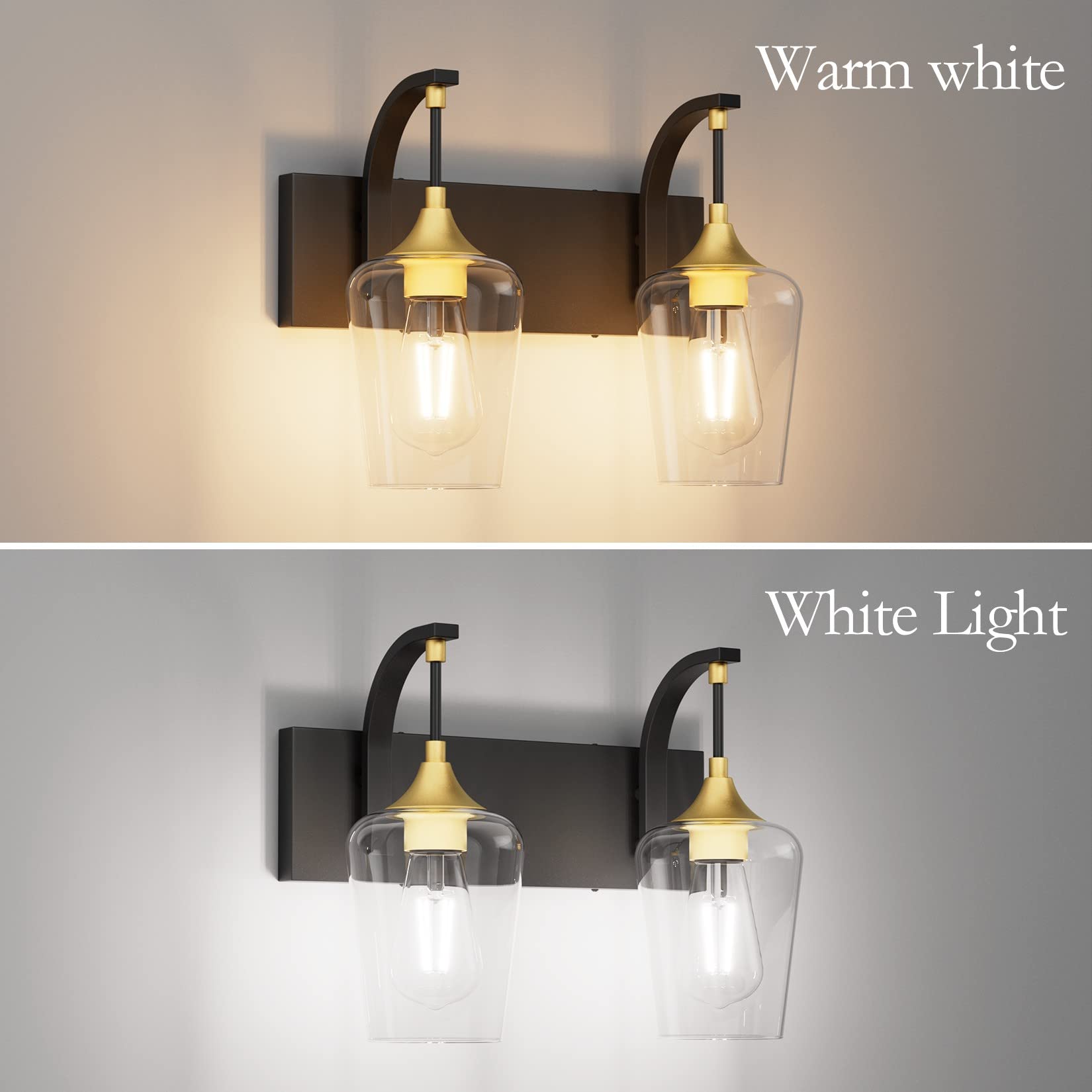 Ralbay Black/Gold Vanity Light 2 Lights Industrial Bathroom Light Fixtures Over Mirror With Clear Glass Black Bathroom Wall Mount Lighting Sconce