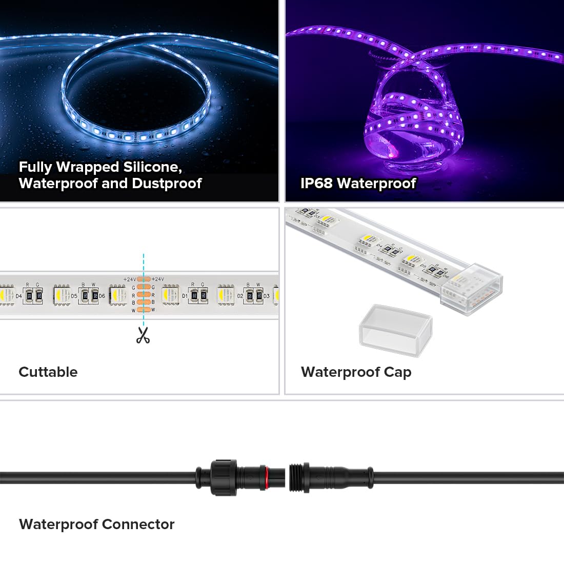 Btf-Lighting Ip68 Waterproof Outdoor Rgbw Led Strip 5050Smd Rgb+Cool White(6000K-7000K)4 Color In 1 Dc24V 5M 16.4Ft 60Led/M Mult