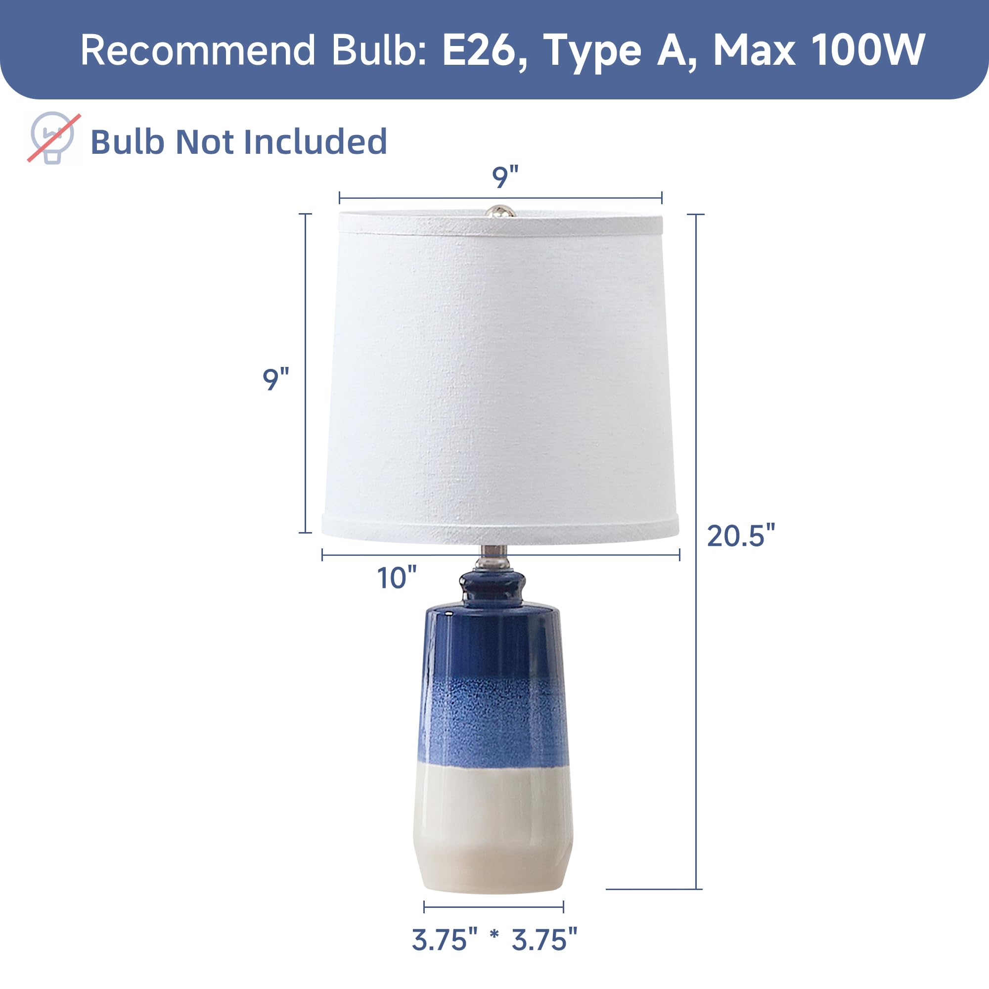 EUO Ceramic Blue Table Lamps Set of 2, 20.5" Coastal Design with White Barrel Shades, Navy Blue, Model TL2PK-009-BU