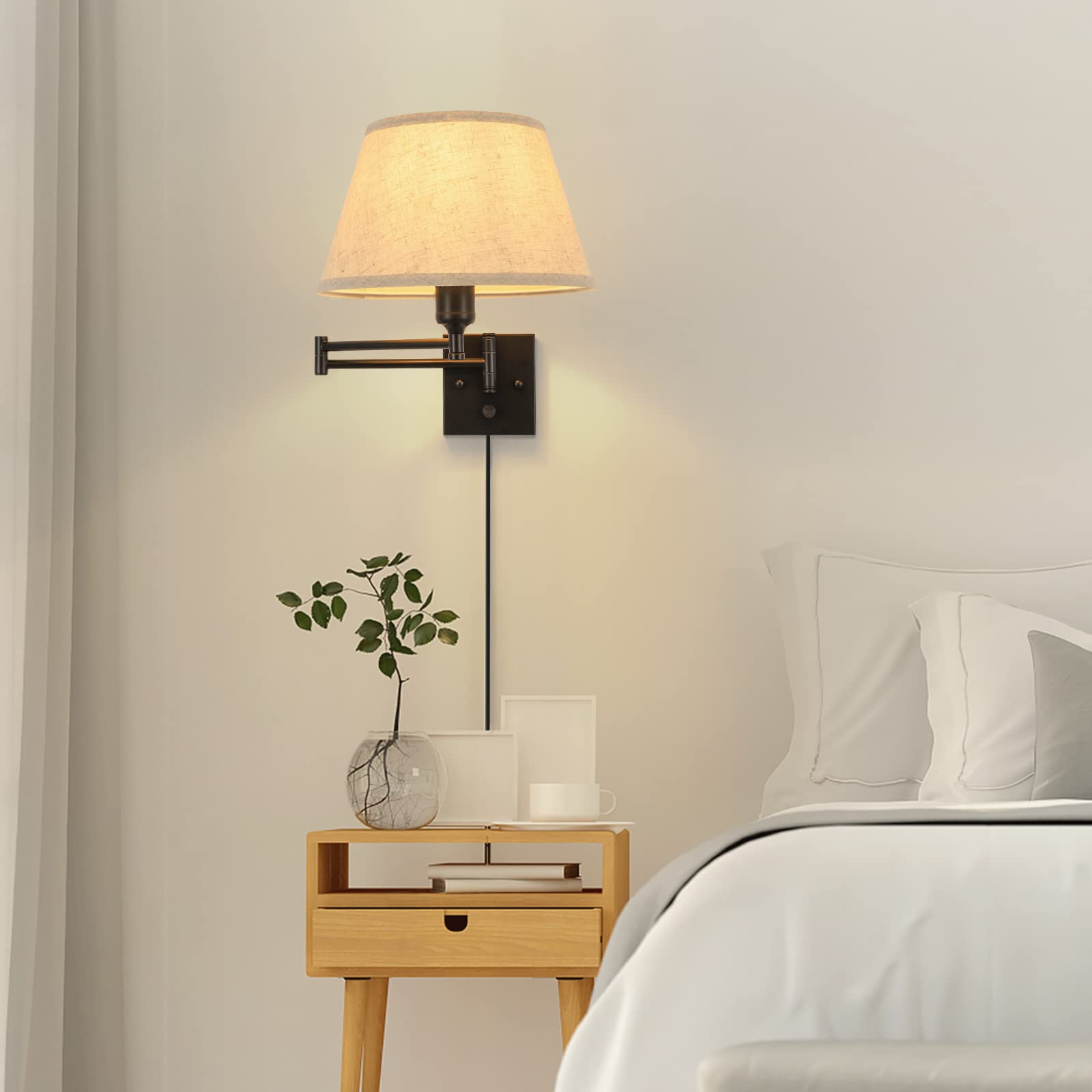 TRLIFE Dimmable Wall Sconce Set of 2, Large Beige Fabric Shade, Swing Arm, Metal, Model BYsconce-L-Bei, Includes 2 Bulbs