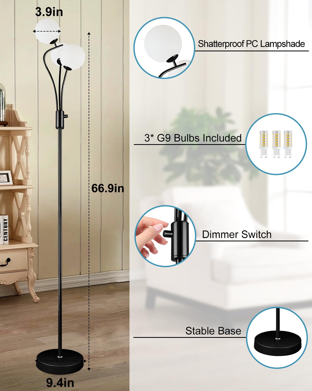 Lightdot Globe Standing Lamps With 3Pcs 3000K G9 Bulbs Stepless Black Dimmable Floor Lamp With Stable Base 3-Lights Modern Desig