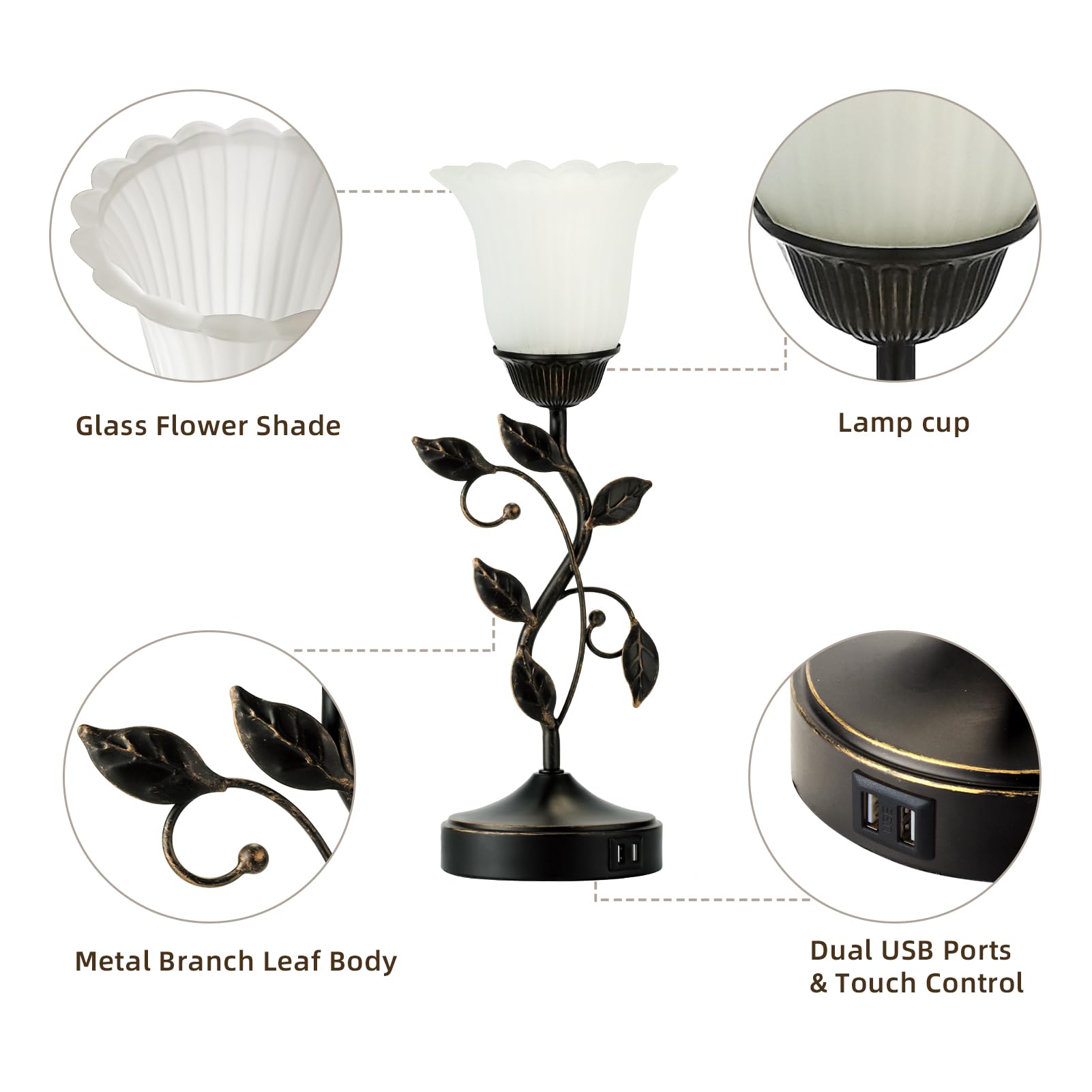 Roriano Set Of 2 Touch Bedside Vintage Lamps With 2 Usb Ports, 3-Way Dimmable Flower Lamps, White Glass Shade Rustic Leaf Lamp F