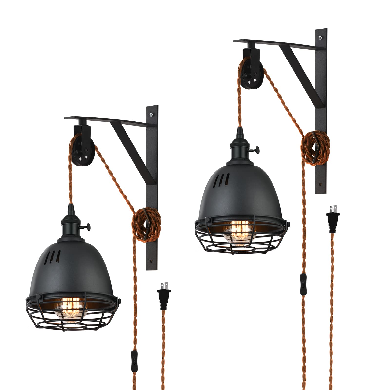 Seeblen Vintage Design Industrial Wheel Farmhouse Wall Mount Set Of 2,Pulley Wall Pendant Lamp With 7-Foot Brown Plug And Switch