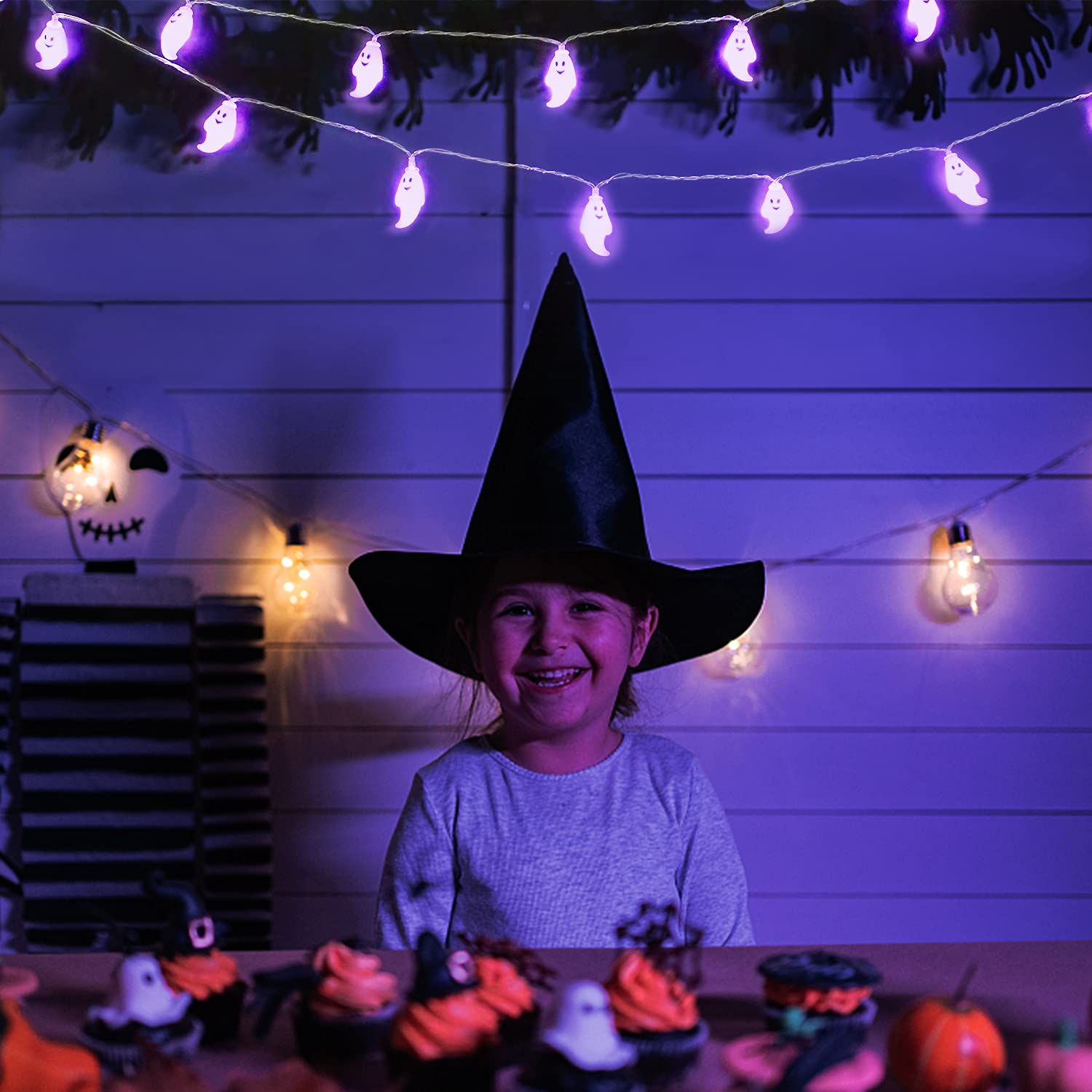 JMEXSUSS 30 LED Halloween String Lights, Battery Operated Ghost String Lights, Purple Indoor Halloween Lights for Outdoor Party