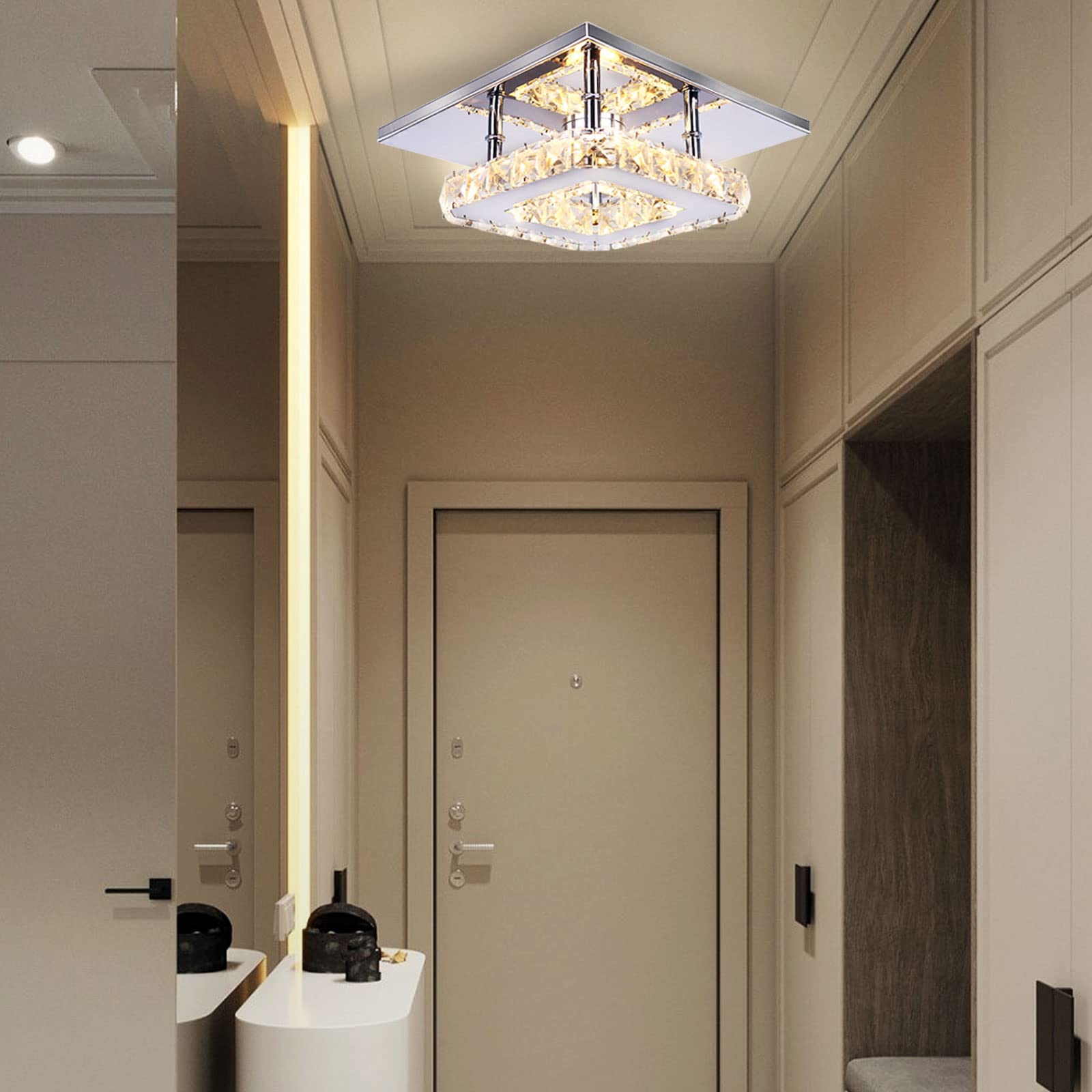 Diisunbihuo Modern Crystal Chandelier 7.9 Inches Led Ceiling Light Mini Square Flush Mount Ceiling Light For Bedrooms Dinning Ro