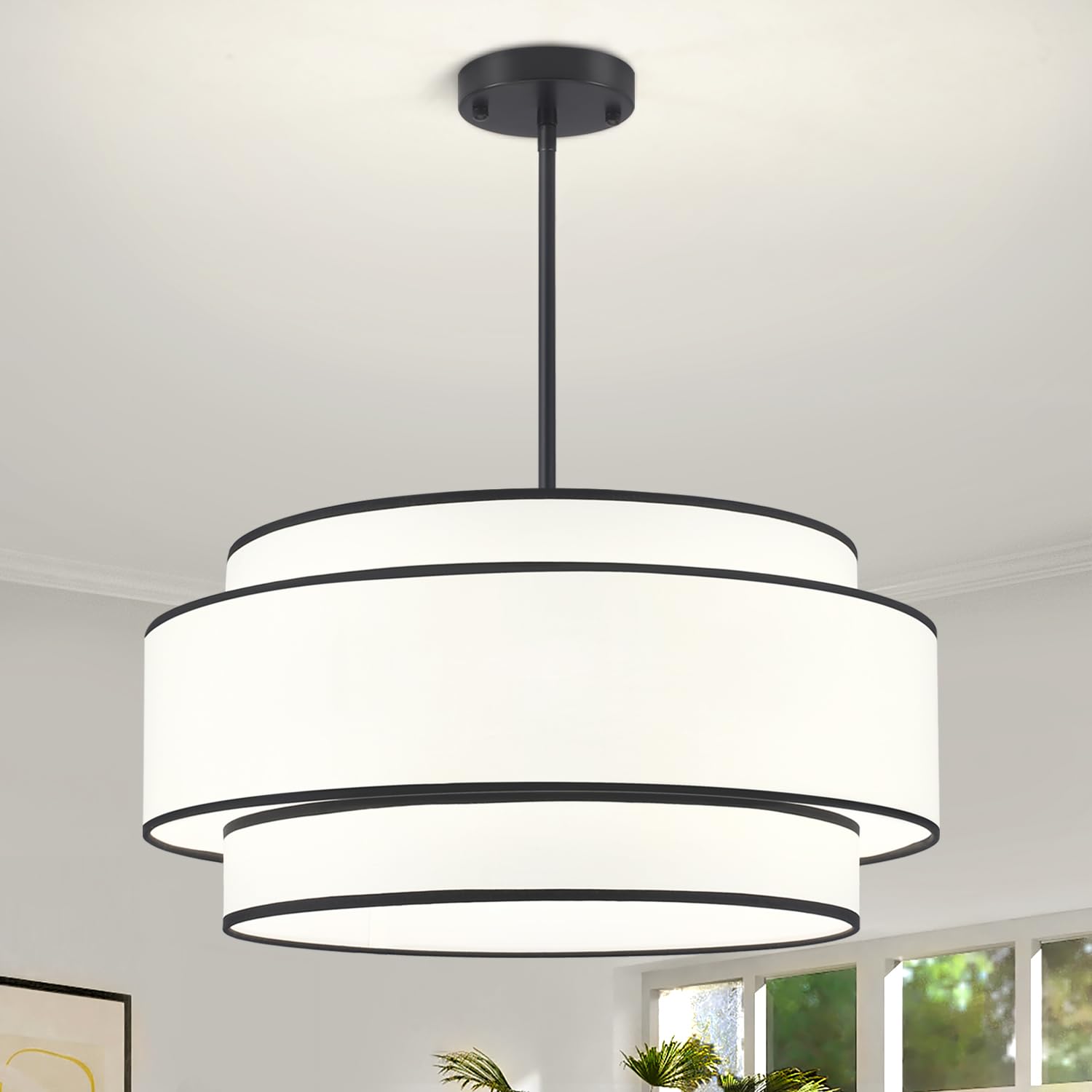 GZBEINI 19.7 Modern Drum Chandelier  3-Tier Black Dining Light Fixture  6-Light Chandeliers for Dining Room Adjustable White Fabric Pendant Lights for Kitchen Entryway Foyer Bedroom Living Room