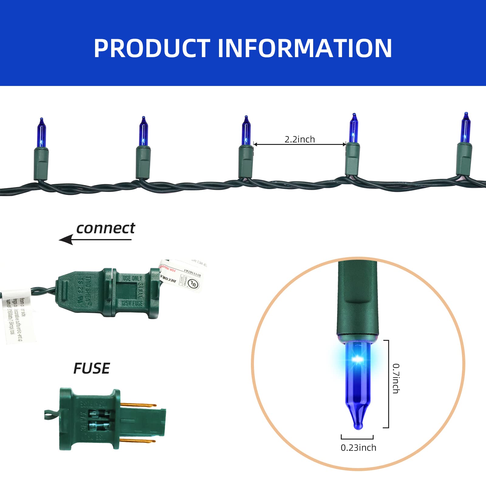 Xmashome 19.6Ft Green Wire Blue String Lights, 100 Count Incandescent Christmas Lights (Blue, 100 Lights)