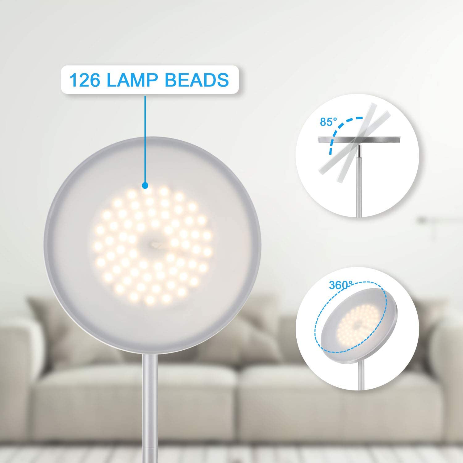 JOOFO Floor Lamp, 30W LED Torchiere with Remote & Touch Control, 2400LM, Silvery Grey