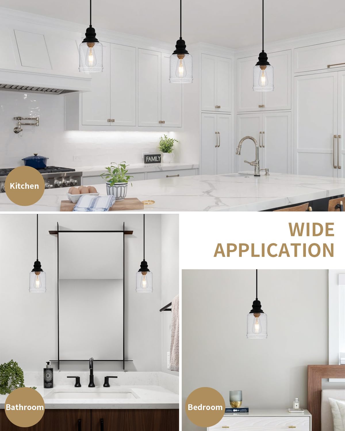 Wilon Modern Glass Pendant Lights For Kitchen Island, 6.29'' Mini Pandent Light Fixture With Seeded Glass Shade Black Farmhouse