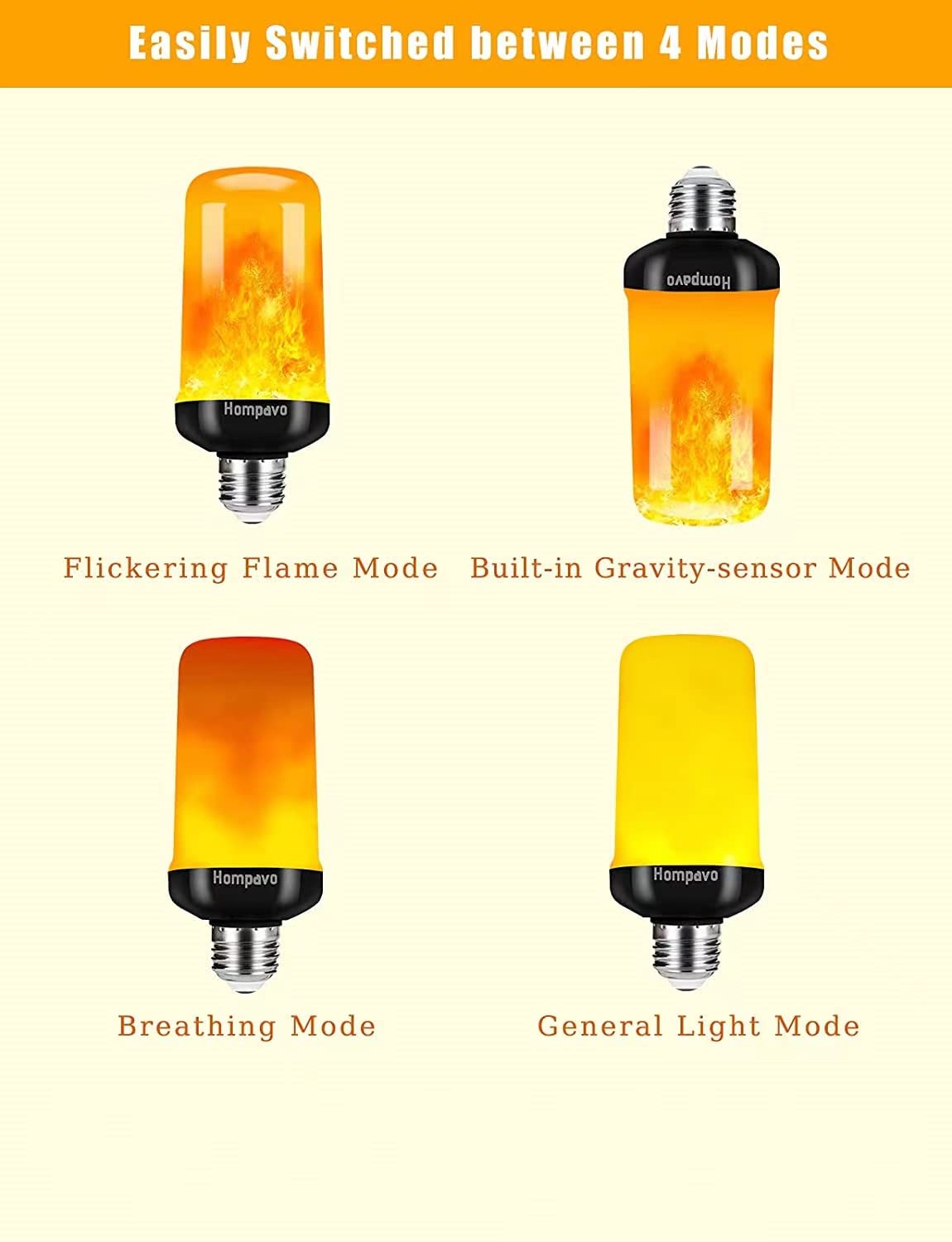 Hompavo LED Flame Light Bulbs, 4 Modes, E26/E27, 2 Pack, Polycarbonate, Model HP-FLB-01, Indoor & Outdoor Decorations