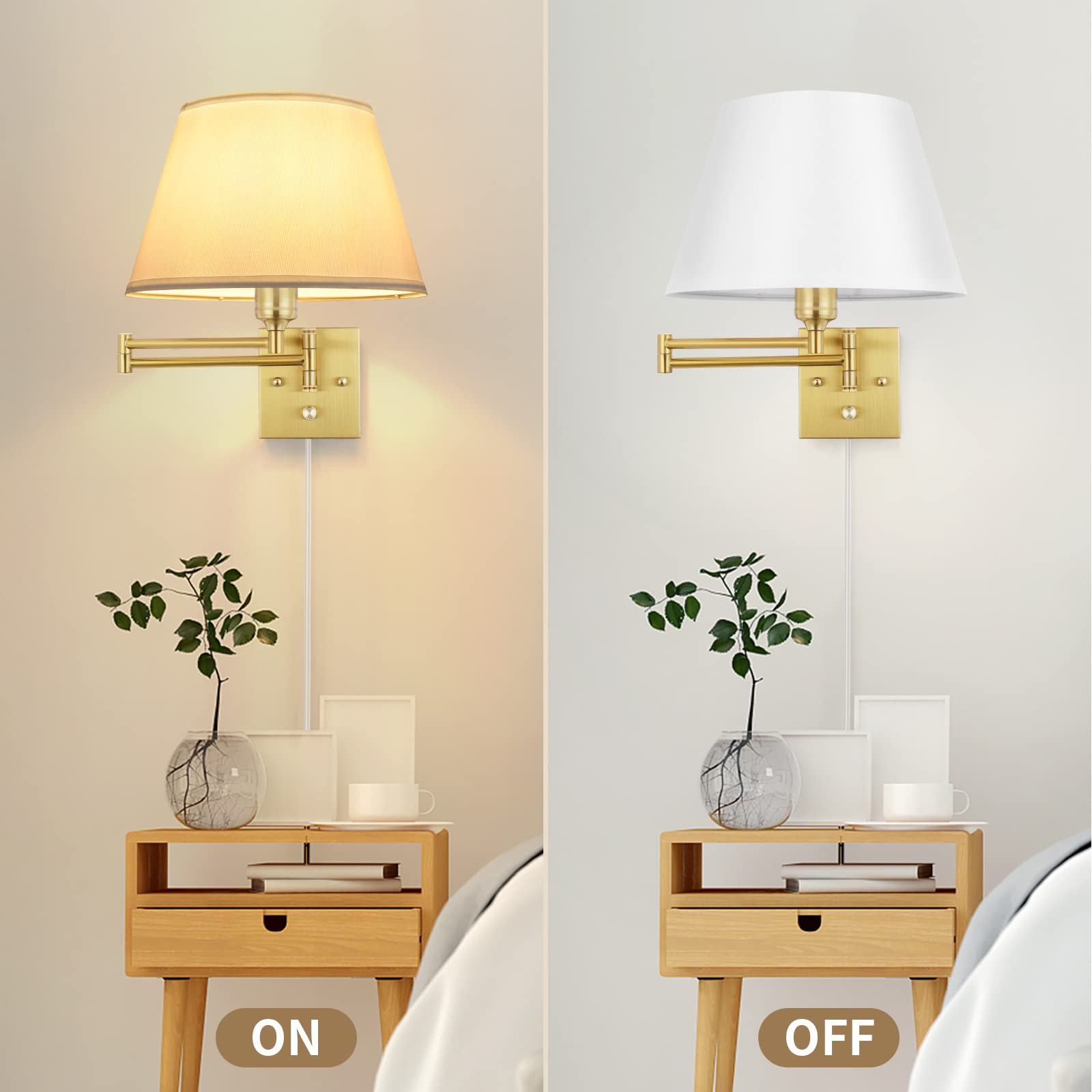 TRLIFE Dimmable Wall Sconce Set of 2, Brushed Brass, Large White Fabric Shade, Metal, Model BYsconce-L-Gol, Plug-in with Dimmer