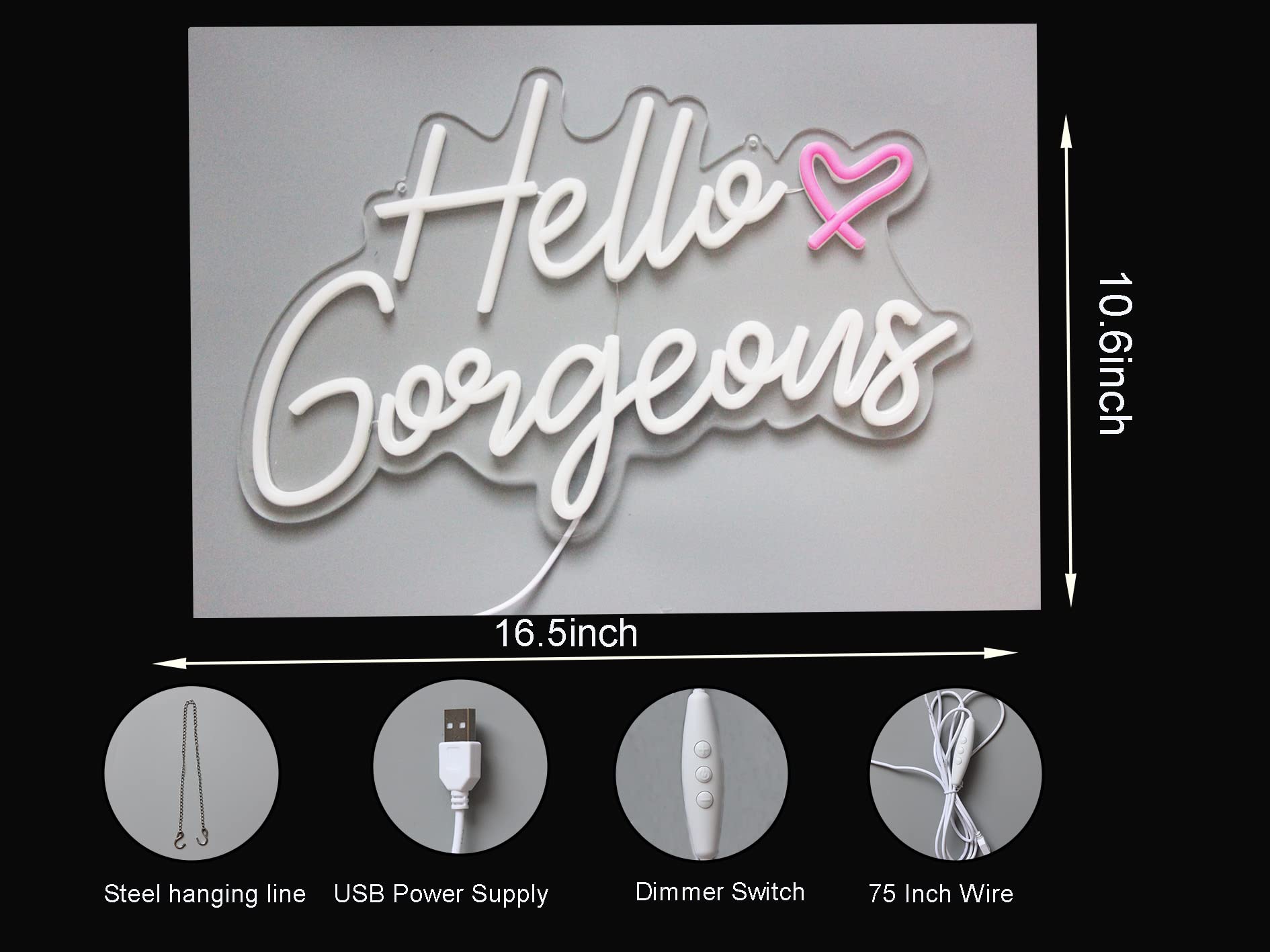 DAKABUKA Neon Sign - Hello Gorgeous Warm White LED Lights for Home, Wedding, Birthday, 16.5x10.6 inches