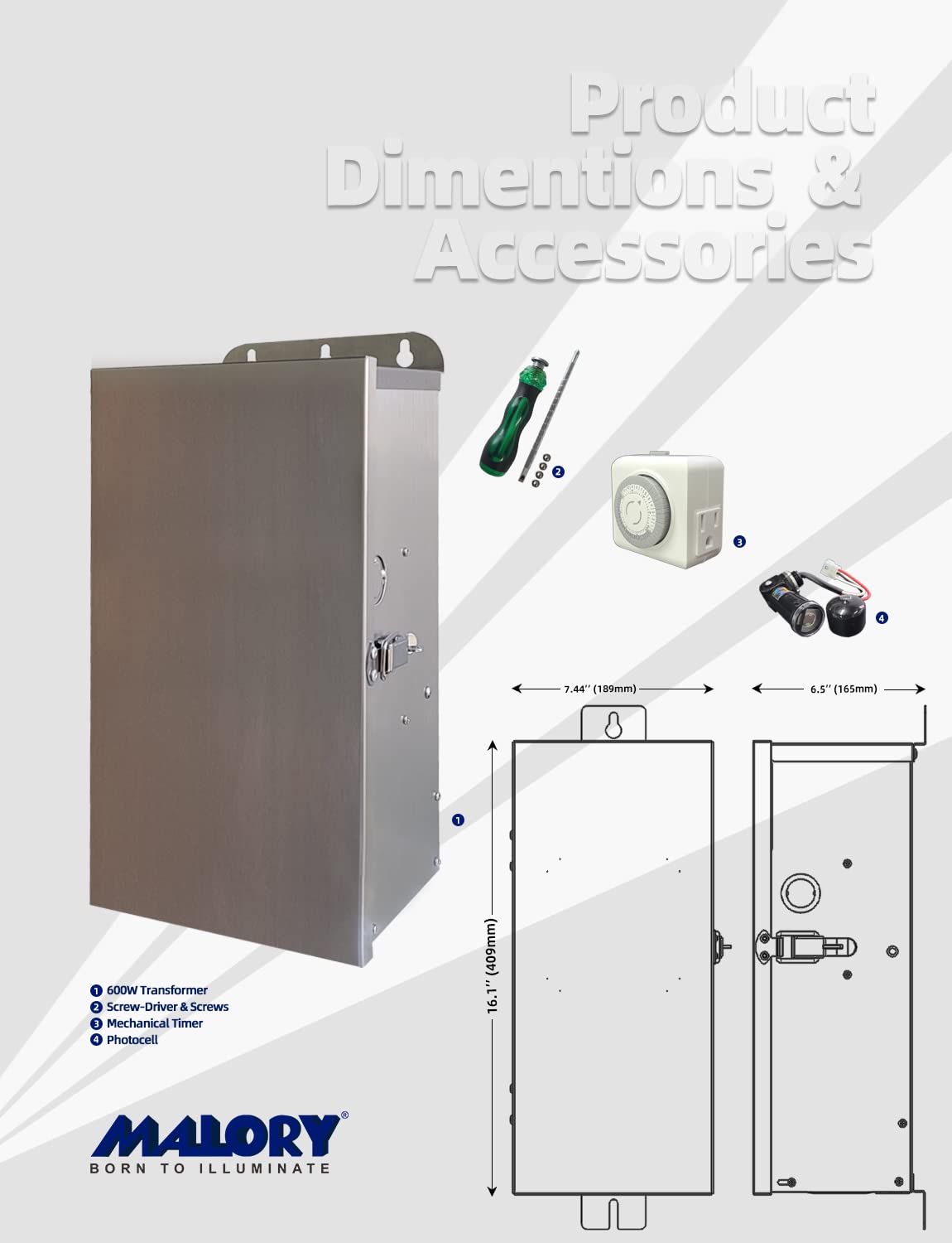 MALORY 600W Low Voltage Transformer with Timer & Photocell for Landscape Lighting, 120V AC to 12-22V Multi-Tap Power Supply