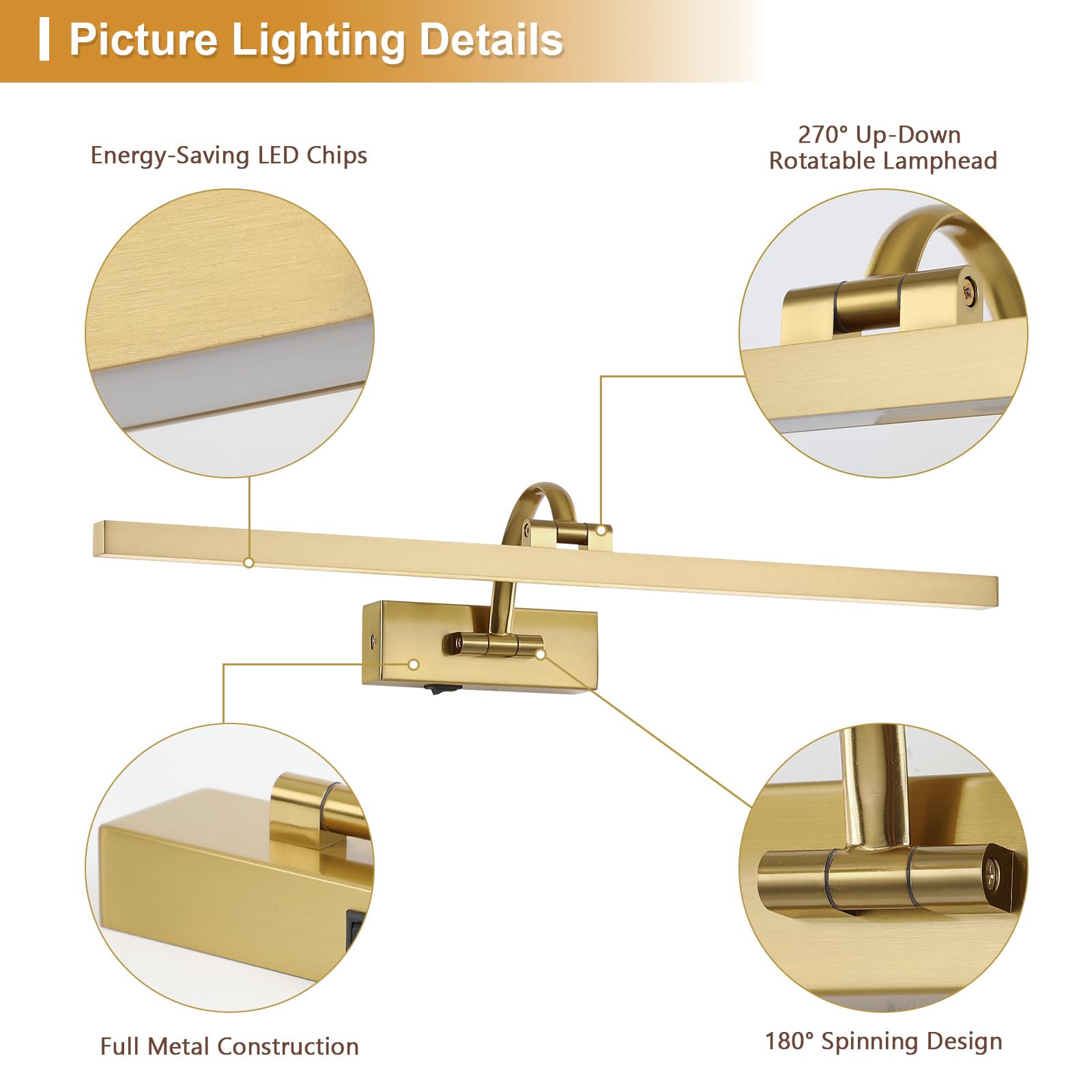 DESOOP Wireless Picture Lights, 23.62" Brass Art Lighting, Battery Operated, Dimmable with Remote, Acrylic, Model 9862