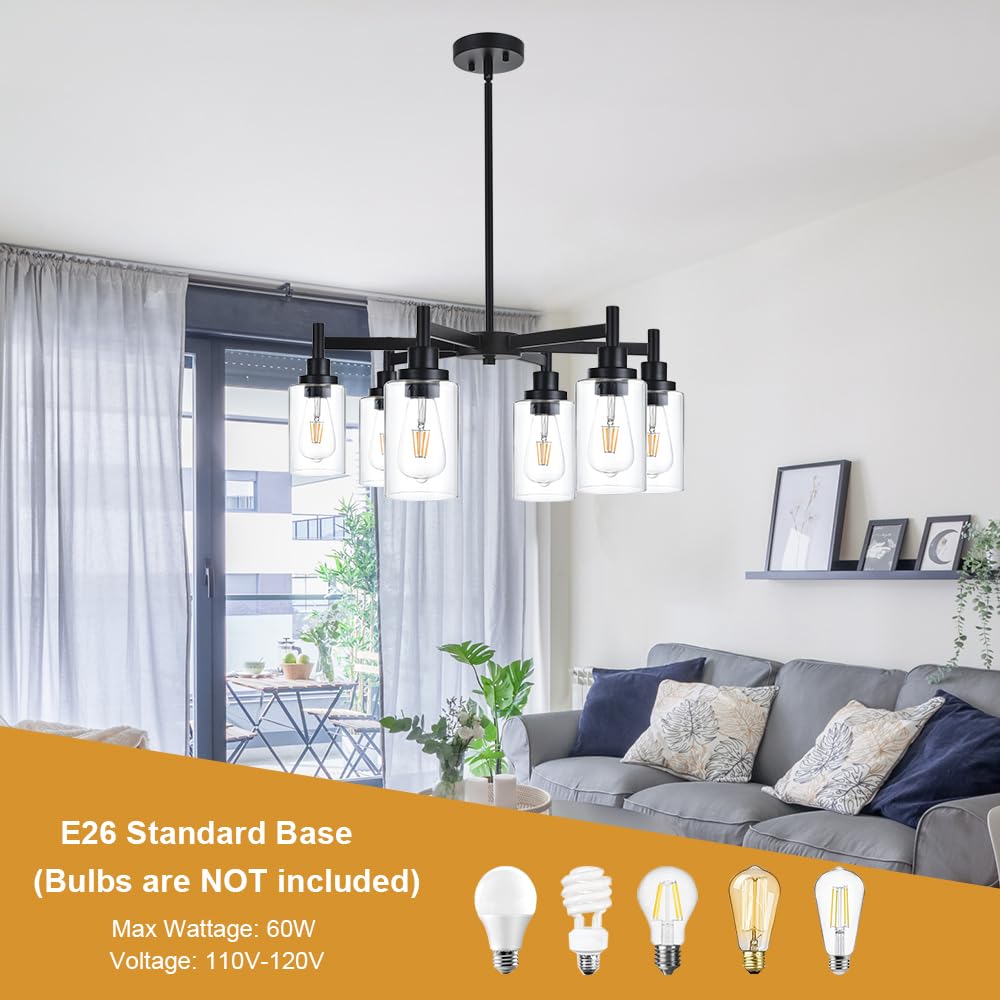 VINLUZ 6 Light Industrial Chandelier Black Pendant Lighting Hanging Fixture with Cylinder Clear Glass for Kitchen Bedroom Dining