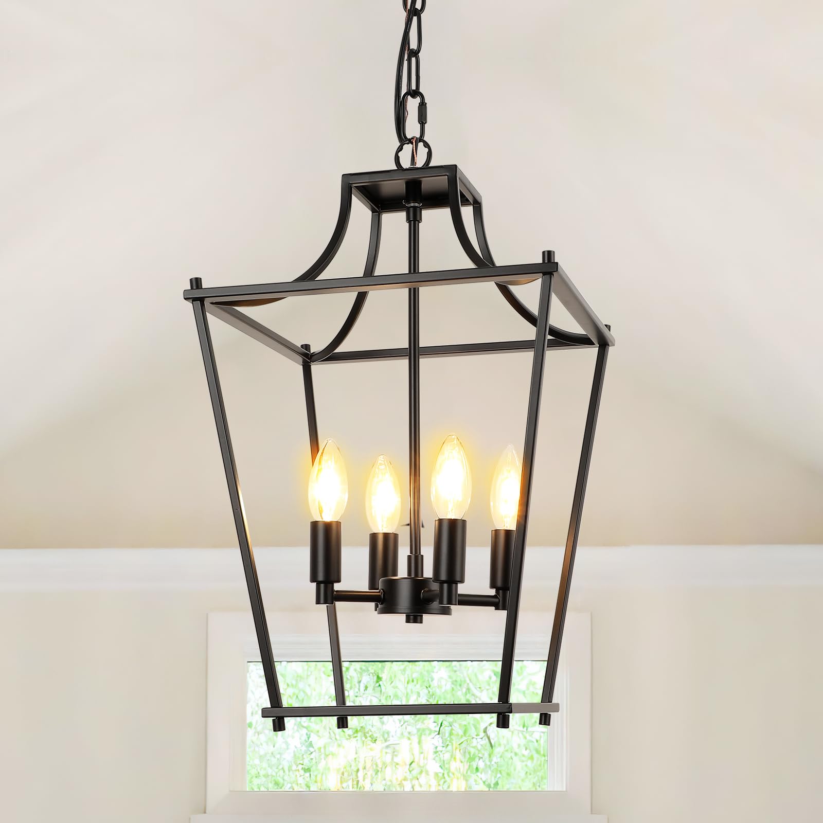 foucasal Black Lantern Pendant Light 4-Light Pendant Light Fixtures Hanging Farmhouse Chandelier with E12 Bulb Base, 12'' Adjust