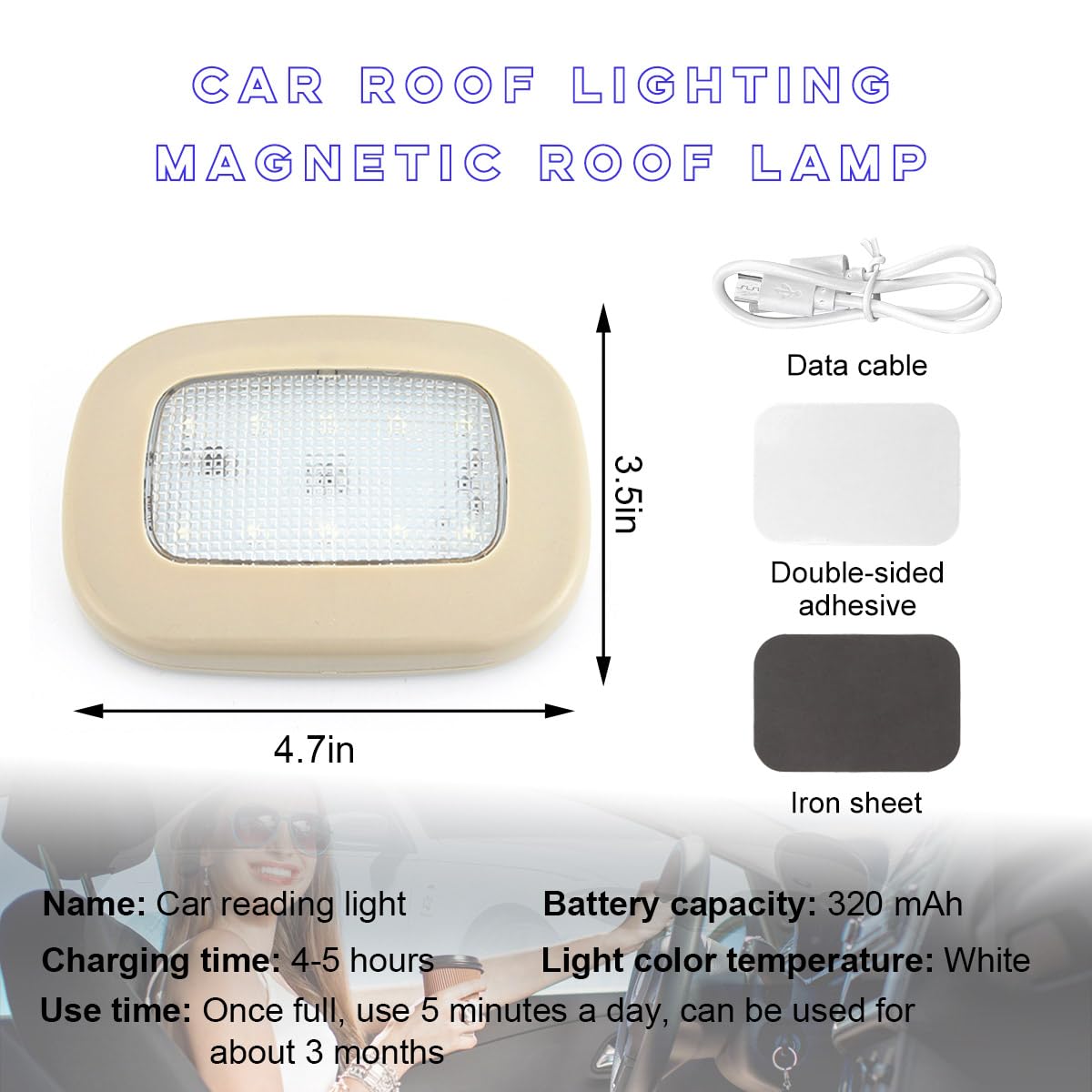 Ohleats Car Interior Ceiling Roof Lights, Magnetic USB Rechargeable Dome Lamp, Beige
