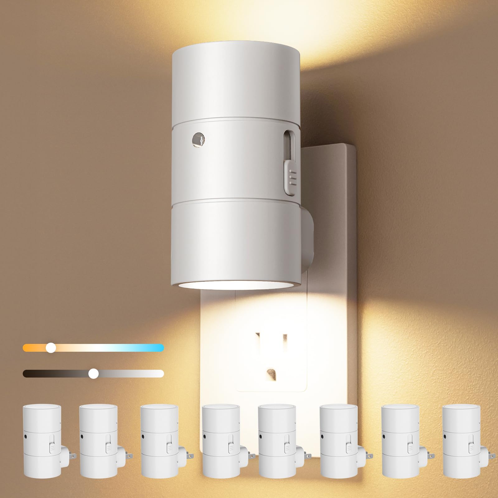 VOLISUN Dimmable LED Night Lights, Dusk to Dawn Sensor, 0-100LM Brightness, 3 Color Temps, 8 Pack, White, Model LH-XYD001