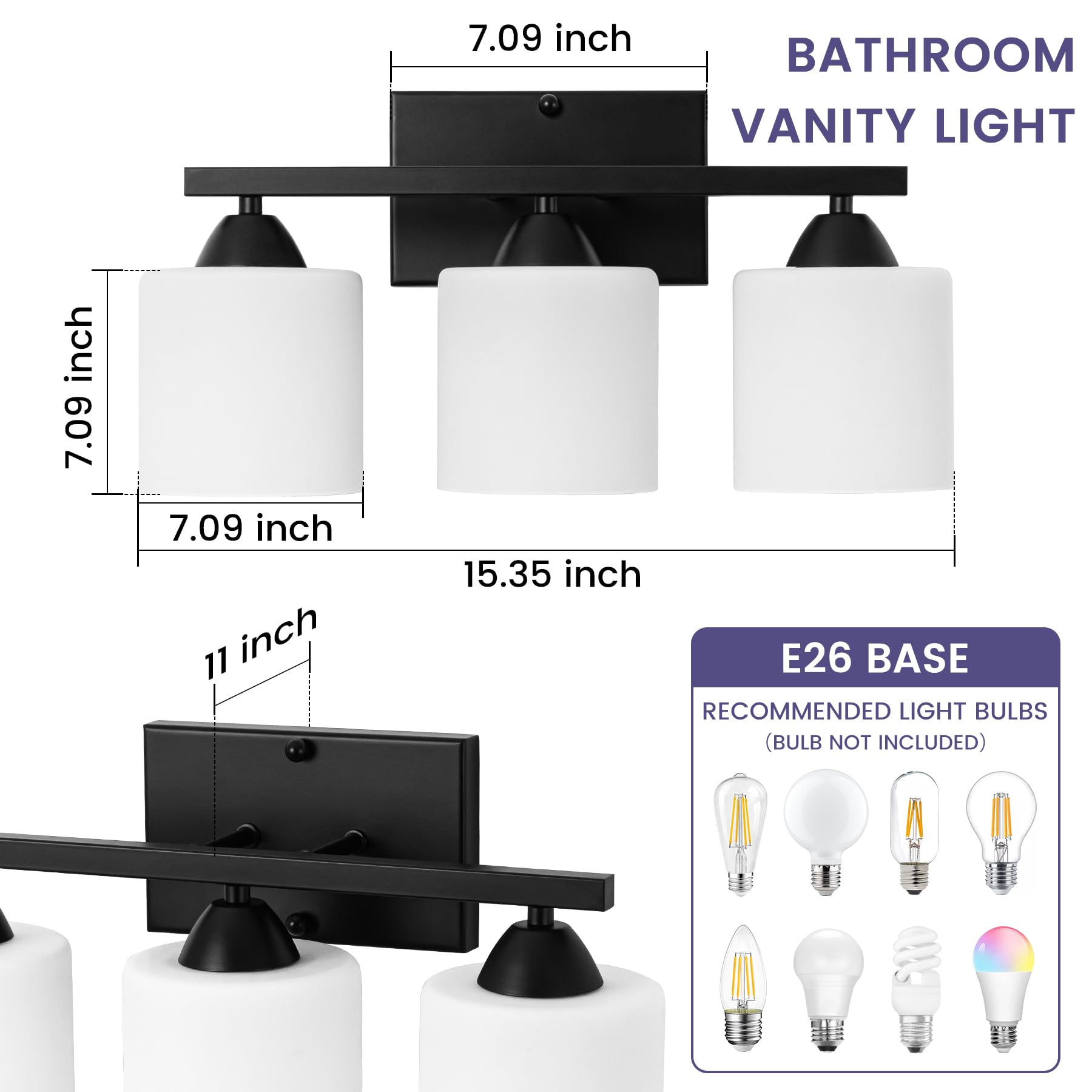 CANMEIJIA 3-Light Bathroom Vanity Light Fixture, Matte Black, Aluminum, Milky White Glass Shades, Model CMJ-JQD-001