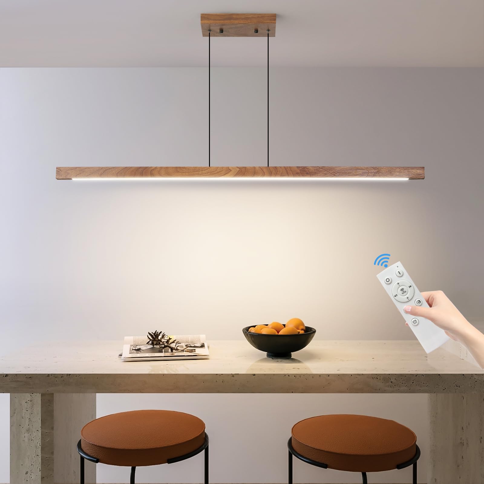 Mikeru Modern Wooden Pendant Light, 47IN Walnut Chandelier, Aluminum, Remote Control, Adjustable Color Temperature