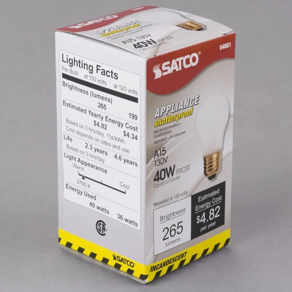Satco S4881 40 Watt A15 Incandescent Bulb, Frosted, Medium Base, 130 Volt, 265 Lumens, 6 Count