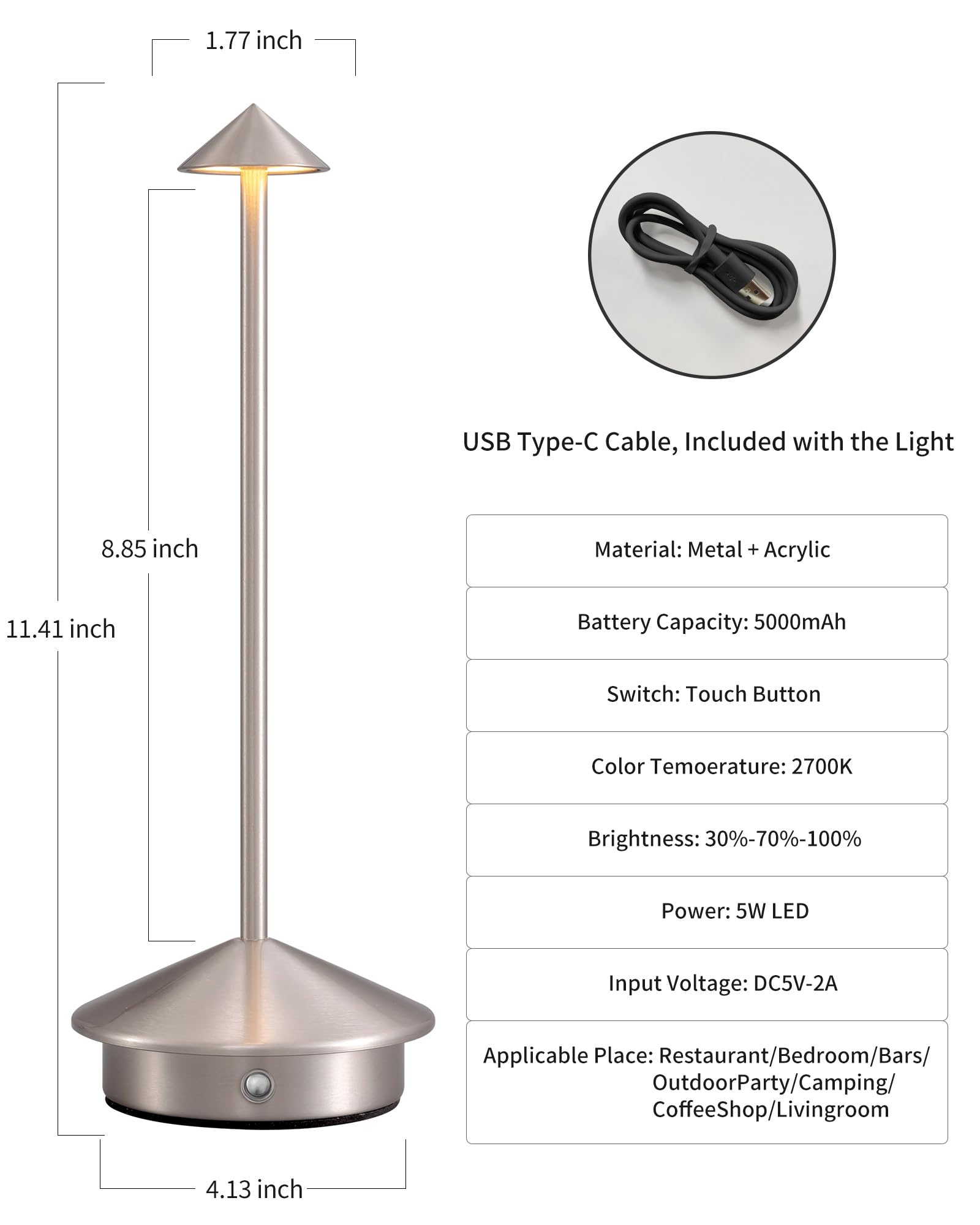 Newsee Cordless Table Lamps Set Of 2, Rechargeable Led Lighting In Brushed Nickel For Home & Camping