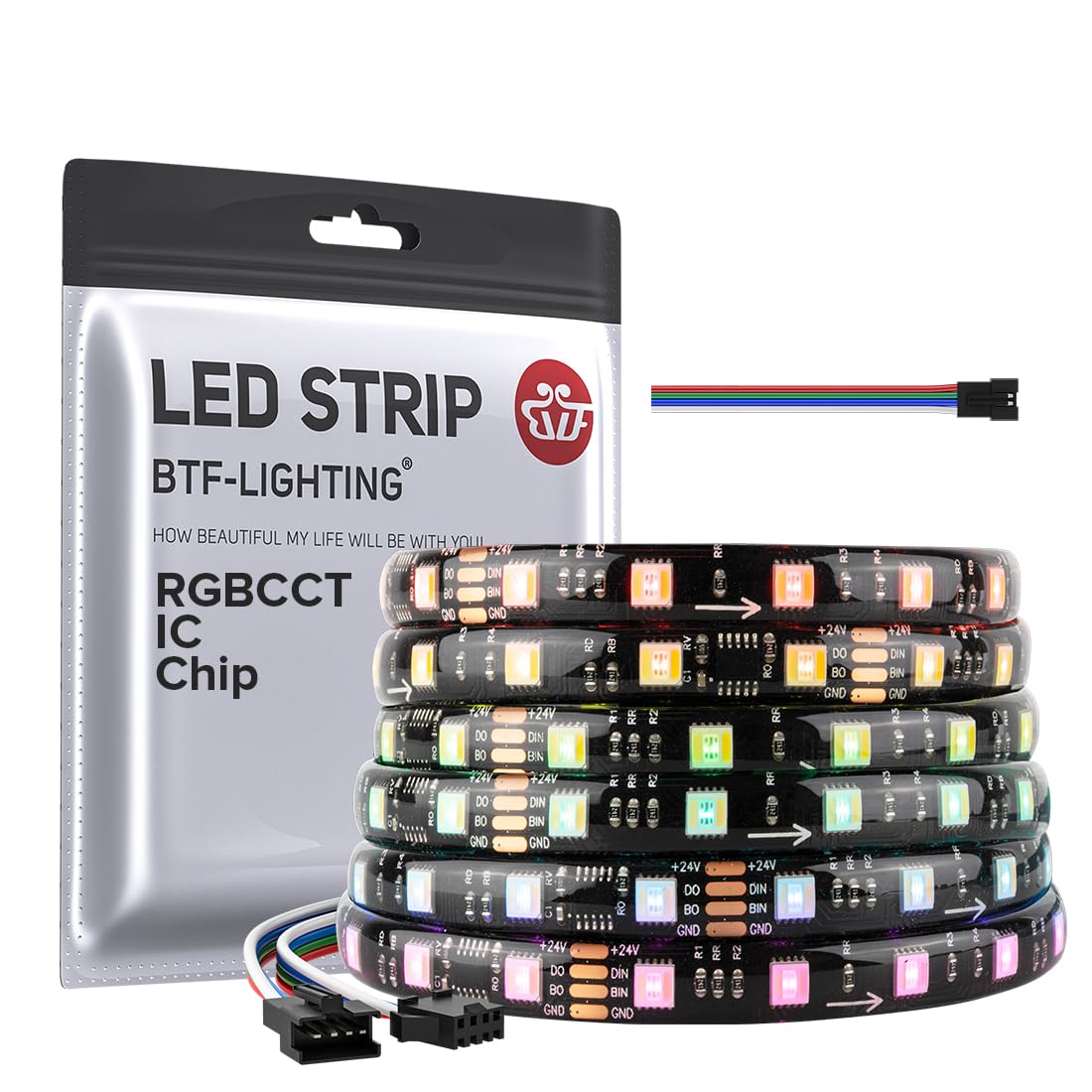 Btf-Lighting Ws2805 Ic Rgbcct Addressable Dual Data Led Strip 5050Smd 16.4Ft 60Led/M 10Pixel/M 5 Colors In 1 Chasing Color Rgb+Cct 3000K-6500K Lights Strip Ip65 Dc24V(No Adapter Or Controller)