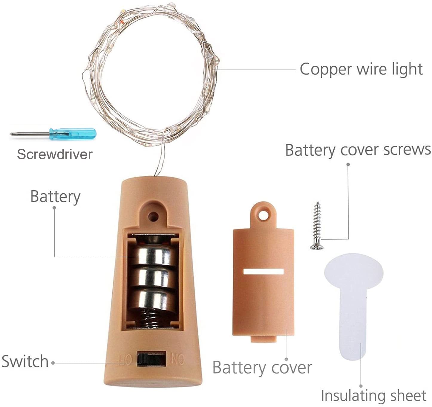 SmilingTown Wine Bottle Cork Lights 15-Pack, 10 LED, 40 Inches, Battery Operated, Copper Wire, Multi-Color (Blue, Yellow, Purple, Green, Red)
