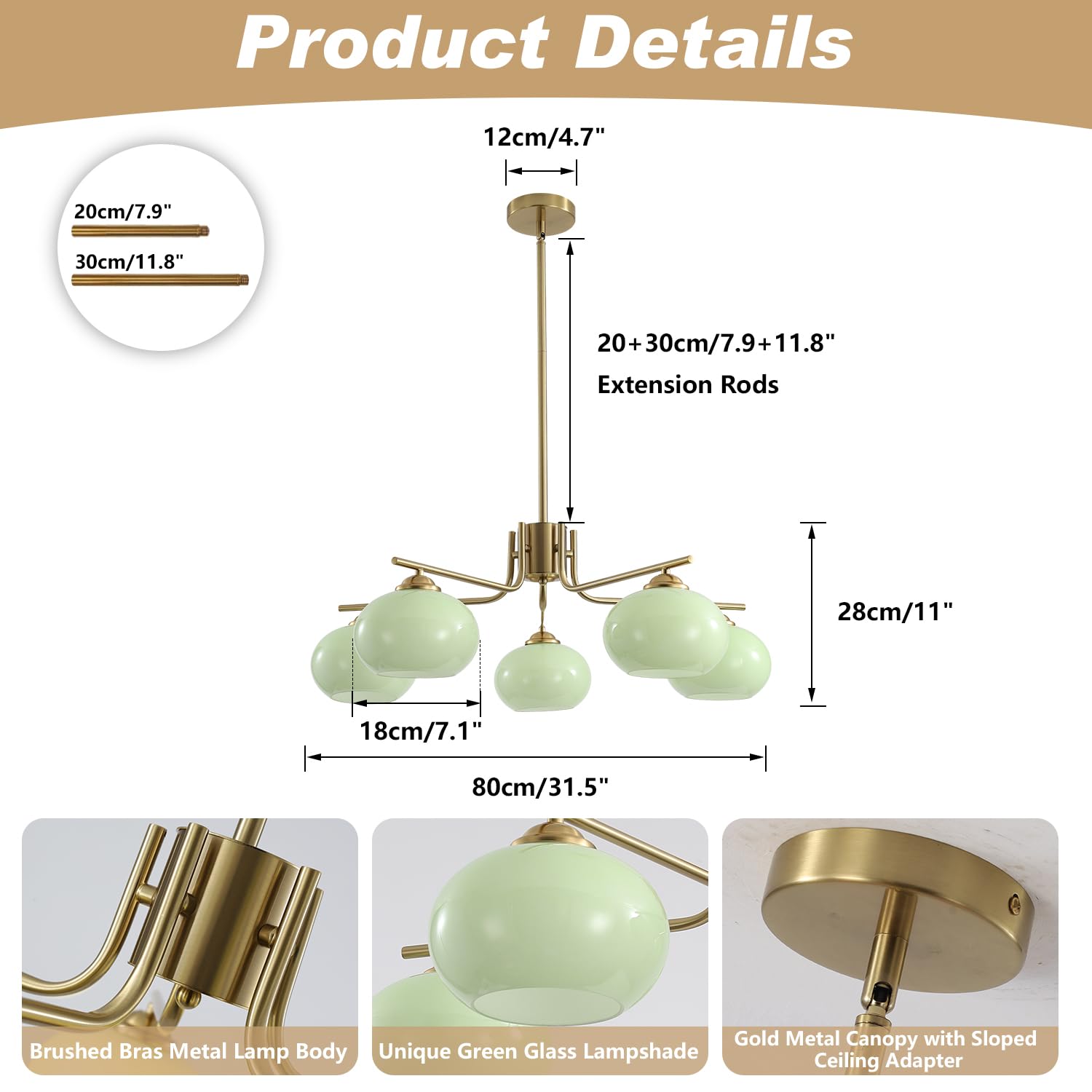 KCO Green Glass Pendant Light - 5 Light Large Globe Chandelier, Brushed Brass, Mid Century Modern, Model L1158-5-G