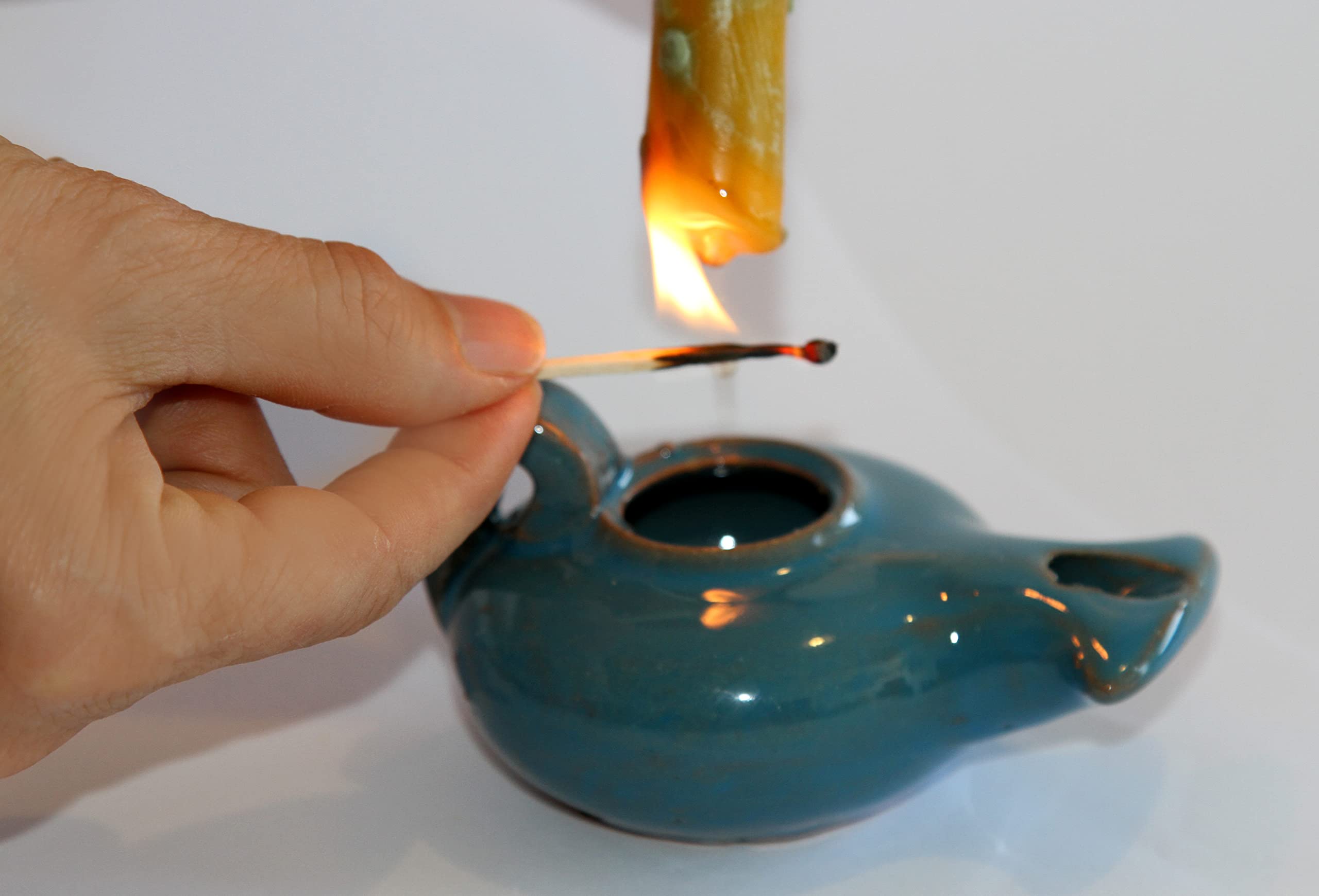 Herodian Glazed Oil Lamp, Candle Holder With Handle, Small- Blue Replica Ancient Biblical Clay Oil Lamp & Certificate Of Authenticity Hanukkah-Judaica - Christian Gift