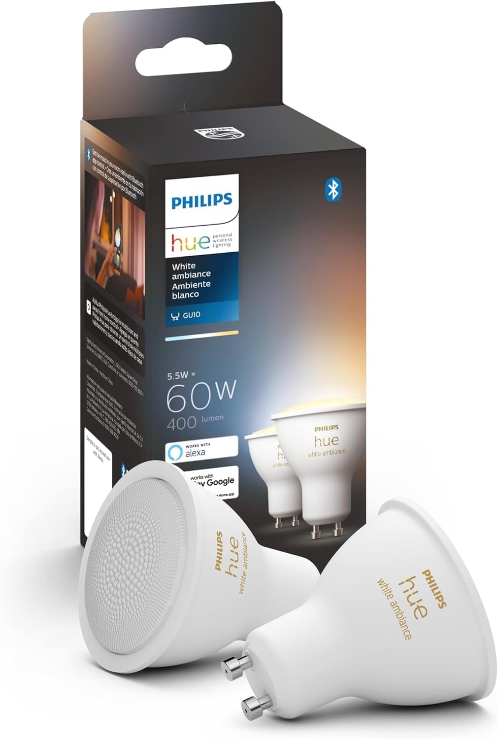 Philips Hue Smart 60W GU10 LED Bulb - White Ambiance Warm-to-Cool White Light - 2 Pack - 400LM - Indoor - Control with Hue App -