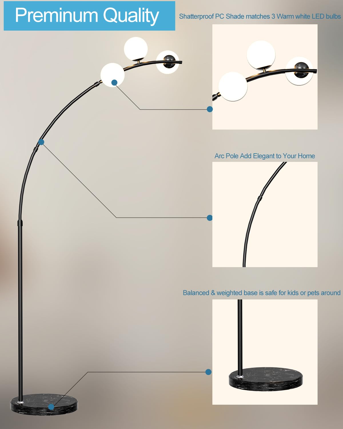 Lightdot 3 Globe Arc Floor Lamp - Contemporary Black Metal Design, LED Bulbs Included, Model LFLL-81, Ideal for Living Room & Home Office