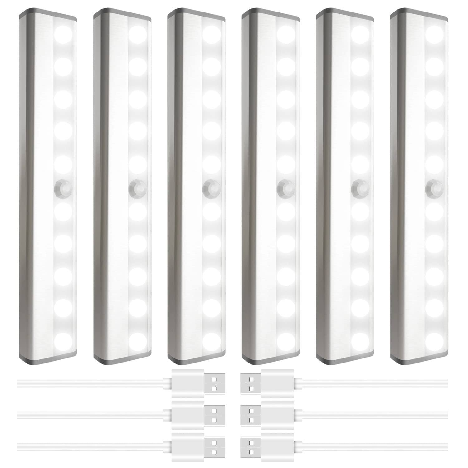 SIXDEFLY LED Motion Sensor Closet Lights, Bright White, 6 Pack, Rechargeable, Aluminum, Model CDGYD-white-6