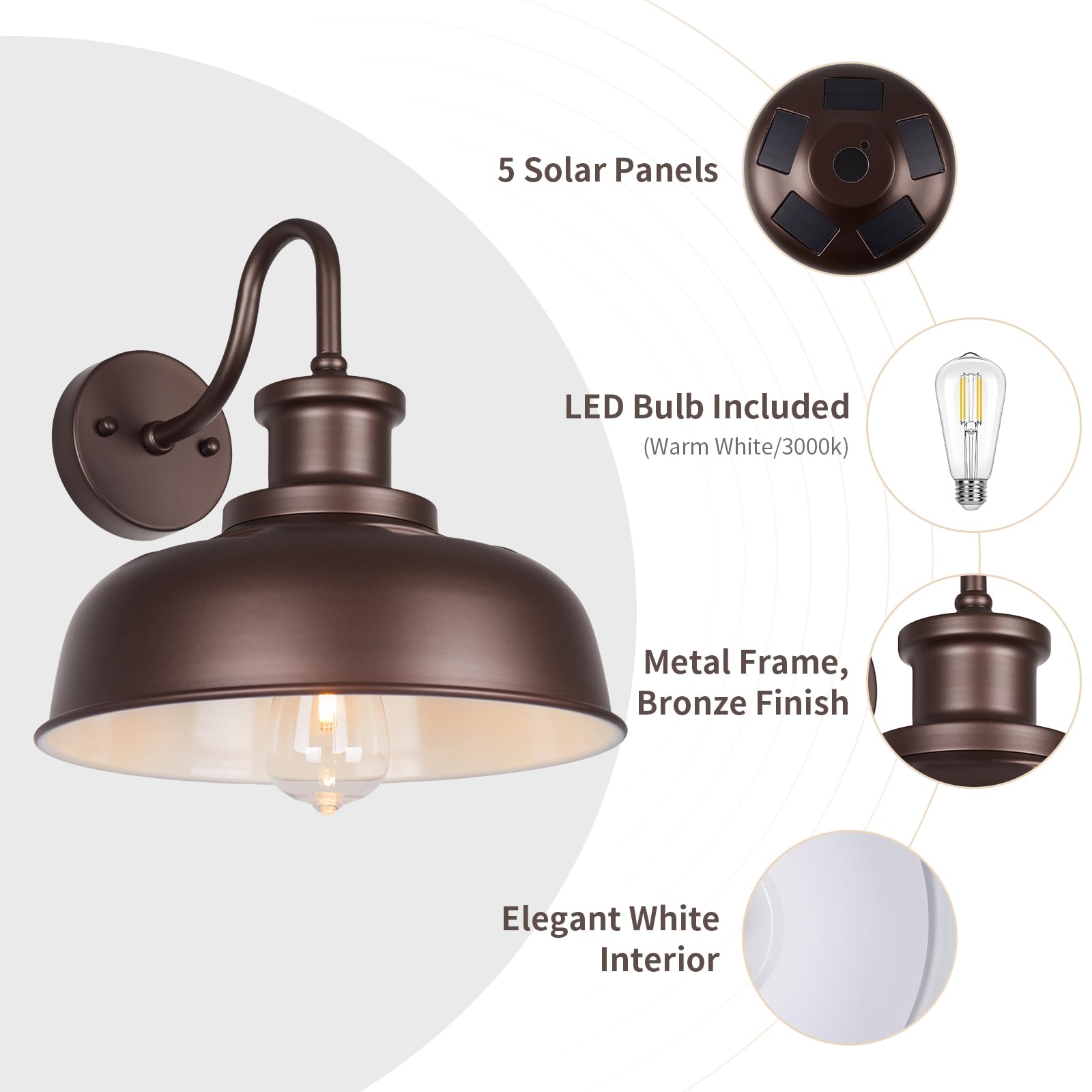 Diyel Solar Barn Light, Gooseneck Outdoor Wall Sconce, Metal, 2 Pack, Orb+White, Model RZSR007-2 OW, Rustic Industrial Design